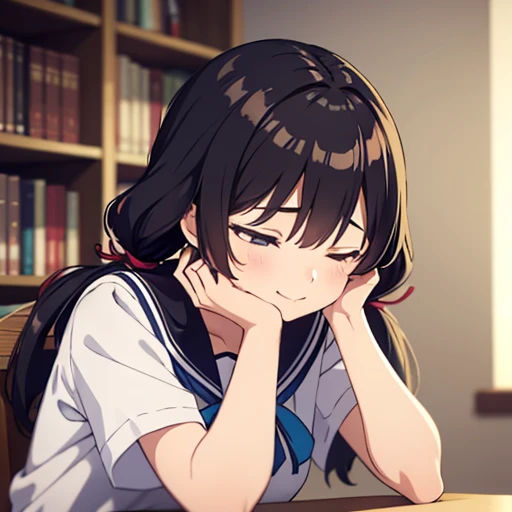 1girl, 16yo, (sitting),
(leaning forward, bend over:1.2), head tilt,
(fall prostrate:1.6),
(arms down:1.4), arms on the desk, hands on the desk, hands in front, arms in front,
dynamic,
(closed eyes), happy smile,
indoors, desk, chair, library, electric fan, (black hair, very long hair), (low twintails:1.2), low pigtails, red hair ribbon,
navy-blue collar, white serafuku with blue ribbon, navy-blue skirt,
(dark brown eye), upper body,
afternoon, summer,
from front, (from above:0.5),
high brightness, detailed face, detailed eyes,
(high quality, ultra detailed, masterpiece, super detail, highres, anatomically correct, UHD),
Japanese anime style, extremely cute, good hands, good fingers