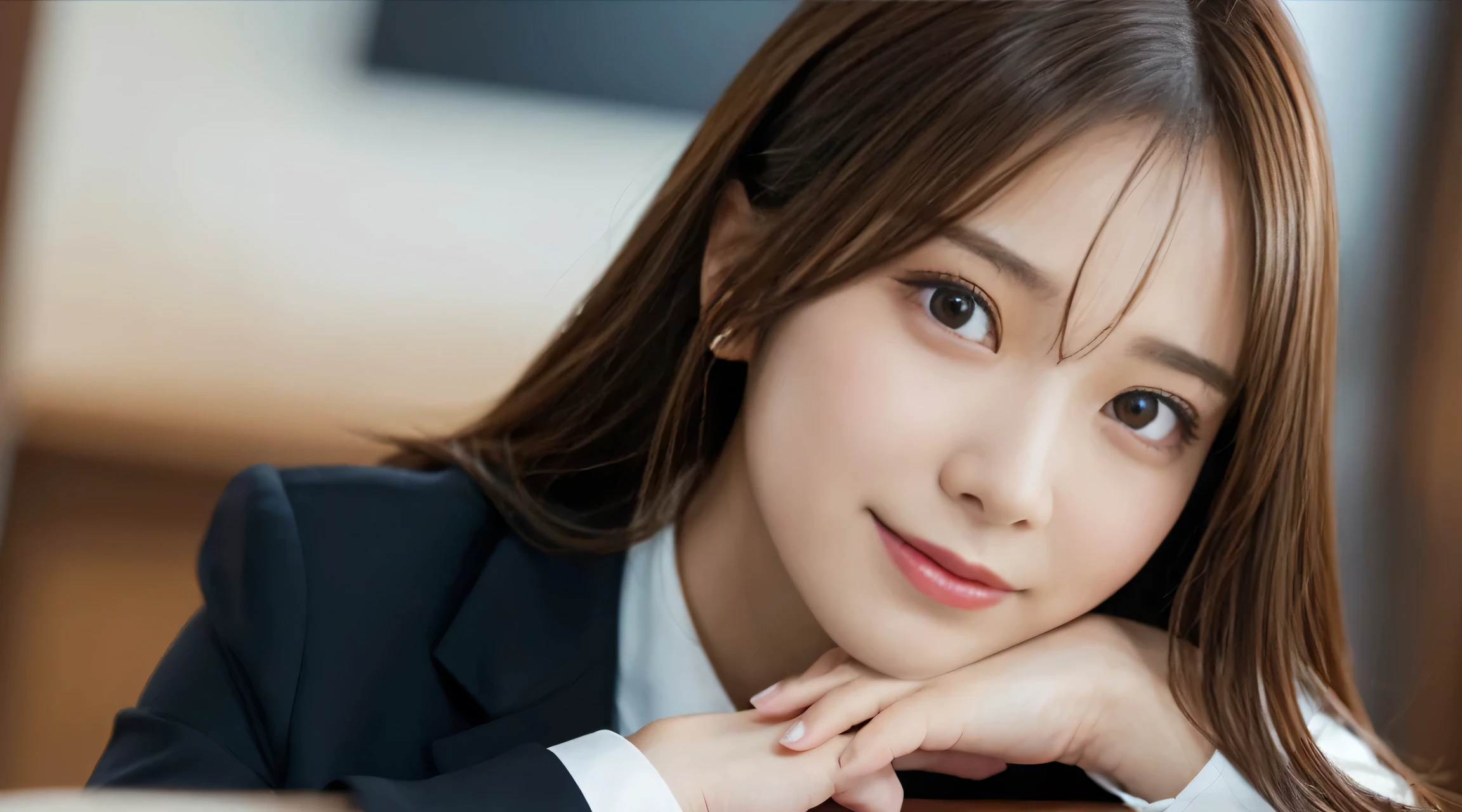 table top、highest quality、genuine、Super detailed、finely、High resolution、8k wallpaper、one beautiful woman、、、light brown disheveled hair、wearing a business suit、sharp focus、perfect dynamic composition、beautiful and detailed eyes、thin hair、Detailed genuine skin texture、smile、close-up portrait、model body shape