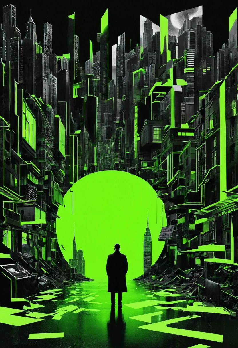 Surreal and strange dislocation art：Collage，There are many different things on the places of a dark city，Geometric Dislocation，Collage, Hollow，Artistic sense，Painting，paint，Simple, The Matrix, Neo, black neon green darkness