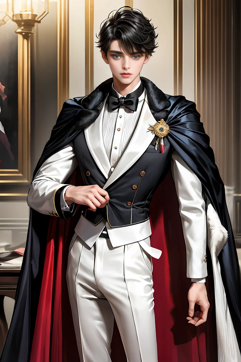 masterpiece, 最high quality, high quality, 1 boy, alone, Male focus, Watching the audience, Messy black hair, Adorable big blue eyes, White, Noble, Noble,A sexy, voluminous, puffy cape、tuxedo、A very voluminous, large, very large, very large, long, long red and black cape with a high stand-up collar, made of a lot of fabric that reaches down to the floor., 17 years old,Cute beautiful boys,Cute, cute, kind, handsome guy
