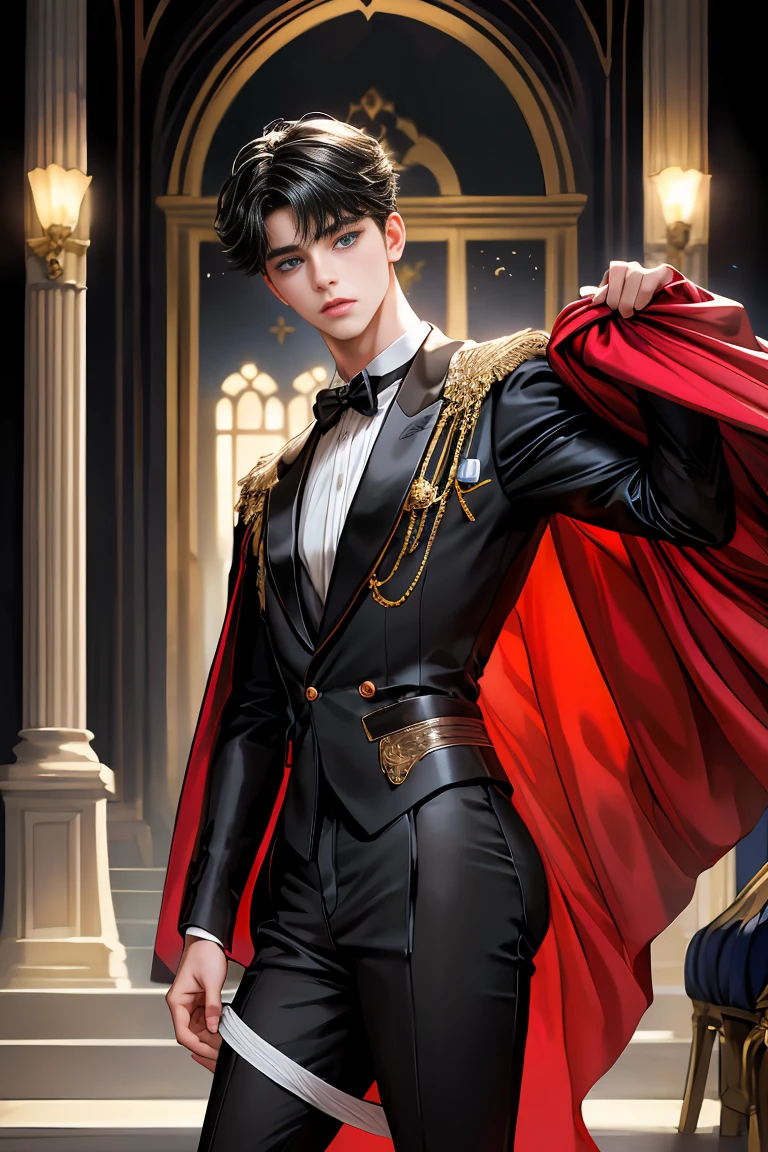 
masterpiece, 最high quality, high quality, 1 boy, alone, Male focus, Watching the audience,  Messy black hair, Adorable big blue eyes, White, Noble, Noble,A sexy, voluminous, puffy cape、tuxedo、A very voluminous, large, very large, very large, long, long red and black cape with a high stand-up collar, made of a lot of fabric that reaches down to the floor., 17 years old,Cute beautiful boys,Cute, cute, kind, handsome guy