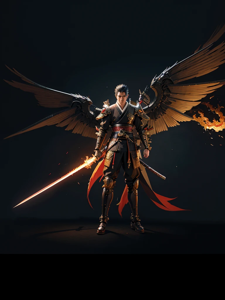 a male samurai with a robot style holding a burning fire sword, has 2 wings on his back which are golden black, the whole body is a painting concept, digital drawing,