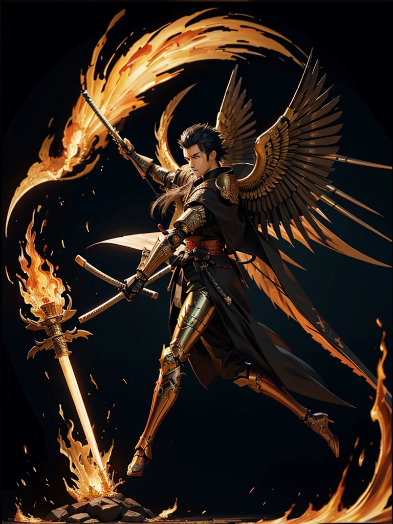 a male samurai with a robot style holding a burning fire sword, has 2 wings on his back which are golden black, the whole body is a painting concept, digital drawing,