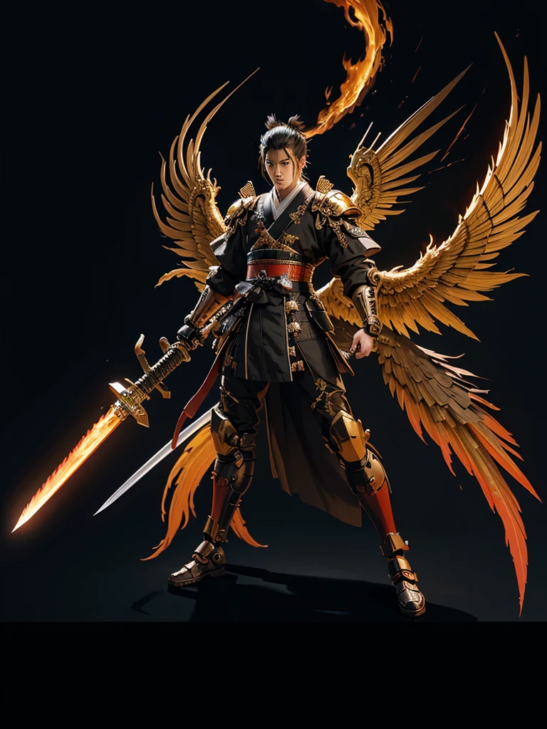 a male samurai with a robot style holding a burning fire sword, has 2 wings on his back which are golden black, the whole body is a painting concept, digital drawing,