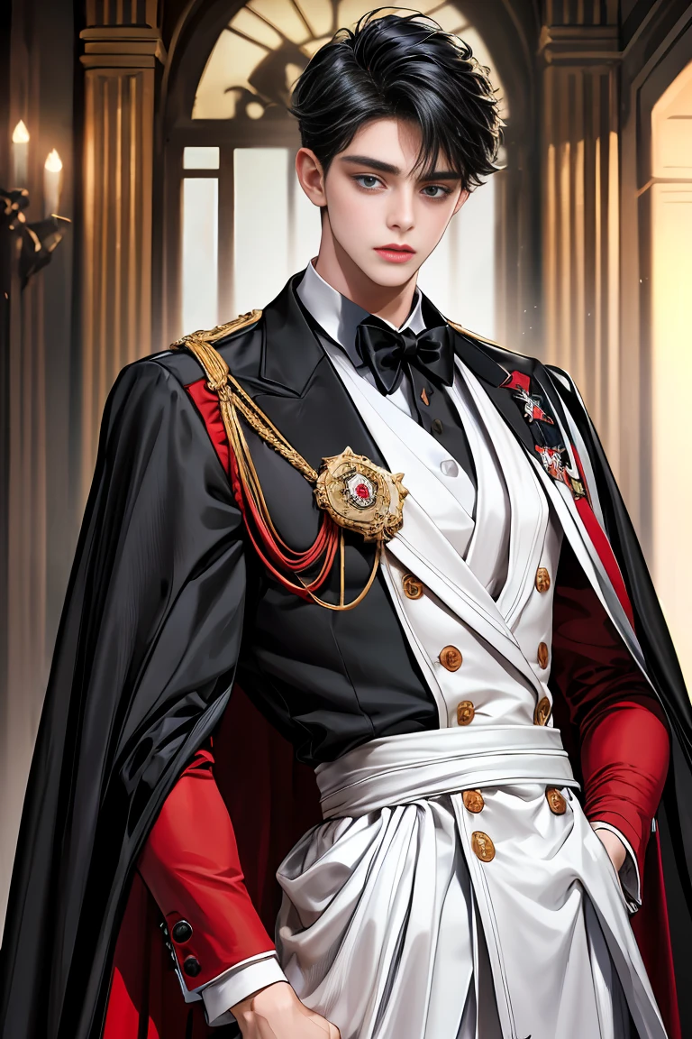 masterpiece, 最high quality, high quality, 1 boy, alone, Male focus, Watching the audience, Messy black hair, Adorable big blue eyes, White, Noble, Noble,A black and red cape that is bursting with sexy volume、Tuxedo、A very voluminous, large, very large, very large, long, long red and black cape with a high stand-up collar, made of a lot of fabric that reaches down to the floor., ,Cute beautiful boys,Cute, cute, kind, handsome guy