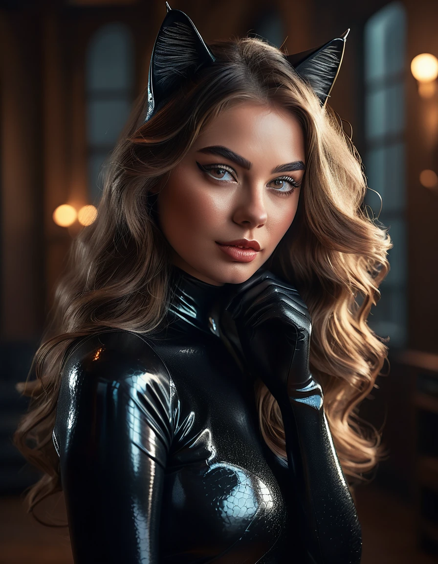 a beautiful busty cat woman, detailed portrait, highly detailed face, beautiful detailed eyes, beautiful detailed lips, extremely detailed facial features, finely detailed skin texture, graceful posture, confident expression, long wavy hair, cat ears, paw-like hands, wearing a tight catsuit, sleek and shiny material, dynamic action pose, dramatic lighting, cinematic color grading, (best quality,4k,8k,highres,masterpiece:1.2),ultra-detailed,(realistic,photorealistic,photo-realistic:1.37),cinematic composition,intricate details,striking colors,dramatic atmosphere