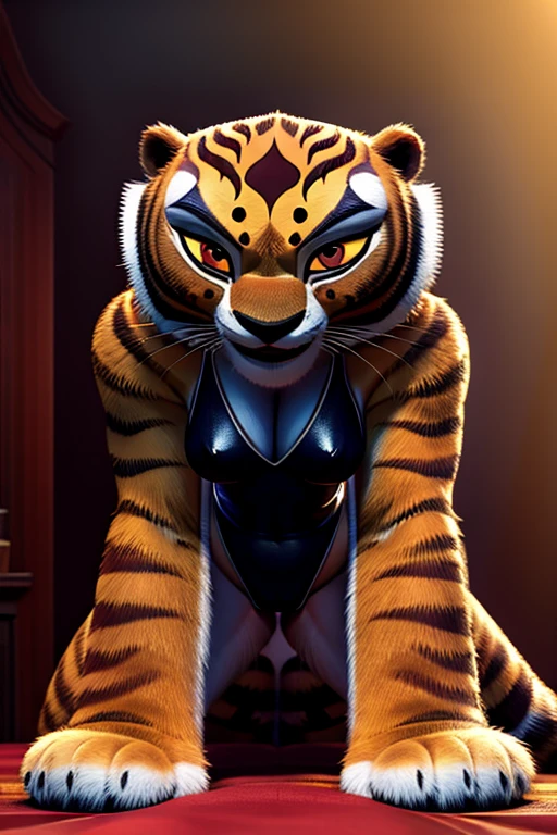 A muscular tigress girl with a 3:1 hip to leg ratio in a DreamWorks animated style, wearing a leotard, lying in bed in a bright bedroom, medium breasts, extremely detailed facial features, bright cinematic lighting, photorealistic, 8K, hyper detailed, masterpiece, (detailed and dynamic sex positions), ("ah ah ah ah!"), ((on all fours))