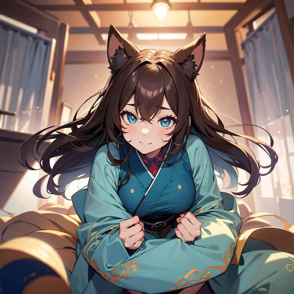 nsfw,one woman,midnightblue ,squatting,large breasts,cute face,big eyes,naughty expression,wave hair,from front,looking at viewer,indoor,japanese、brown hair, expressive hair, star-shaped pupils, eyeball, aqua eyes, sparkling eyes, dog ears, blush stickers, happy, Surrealism, アニメ, アニメ style, depth of field, cowboy shot, 8k, super detail, uhd, masterpiece, accurate, anatomically correct, textured skin, super detail, high details, high quality, award winning, best quality, highres - poses and expressions： • Head tilted slightly • Large eyes with an intrigued expression • Mouth slightly open、Happy smile • Overall、Curious and affectionate - Characteristics： • Long, fluffy wavy hair（Reminiscent of dog ears） • Large, expressive eyes • Small nose and mouth（Reminiscent of a dog&#39;s nose） - clothing： • Clothes with a fluffy texture（The skirt and sleeves feature designs reminiscent of dog tails and ears.） • Light pastel colors - Accessories： • 首元に可愛らしいfirst round（Those with ribbons or jewel-like decorations） - background： • A corner of the living room • A sofa and cushions、You can see some potted plants. • Soft light is coming in through the window. • Carpets and dog toys are scattered on the floor. - Overall atmosphere： • Bright and warm colors • Lots of soft lines and rounded shapes • A cozy, lived-in atmosphere」Exposed skin、Being spoiled、Ecstatic smile、Close-up、Obedience、first round、(low quality,worst quality:1.4),extra limbs,missing limb,extra digit,fewer digit,missing digit,missing finger,fused fingers,mutated hands and fingers、Squatting with legs apart、Raise your hands up to your face without holding them、Exposed skin