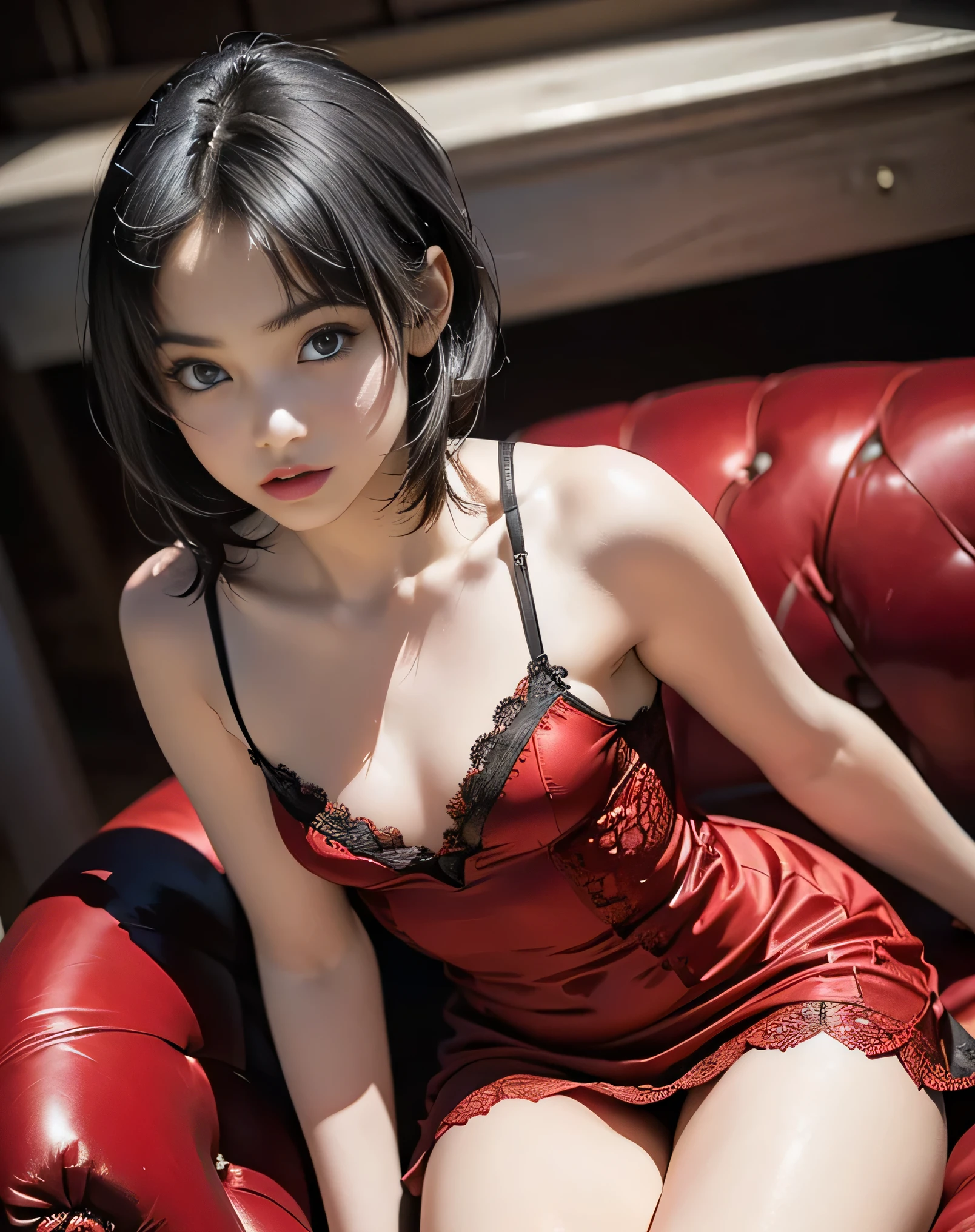 (photorealistic:1.6),(High resolution:1.6),(solo, one girl:1.5),(cute beauty:1.5),(Black Hair:1.3),(short hairstyle:1.1),(bangs bangs),chuuChloe,(Red sheer lace camisole dress:1.5),(Big eyes),(cute furniture),(looking at viewer:1.4),(Slender body:1.2),(small breasts:1.2),(flat chest:1.2)(eroticism),