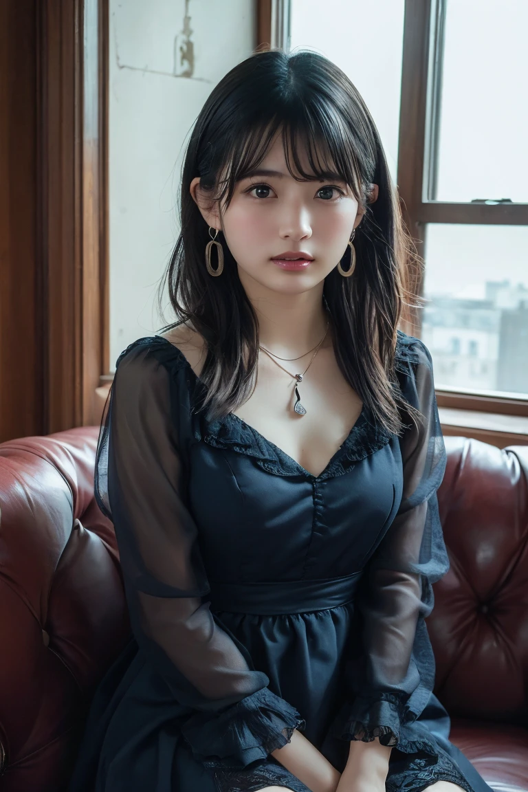(Highest quality:1.4),(masterpiece:1.4),(Realistic:1.4),(Realistic:1.2),(超High resolution, RAW Photos:1.4),(High resolution, Ultra-detailed:1.2),(8k:1.2),View your viewers,Cinematic photography,One girl,skeletally correct,Black-haired woman,Woman in her early 20s,(Small earrings,necklace,Floral frill dress),(Western-style building interior,Dimly lit room,The lamplight shines on my cheeks,Sit on the sofa)