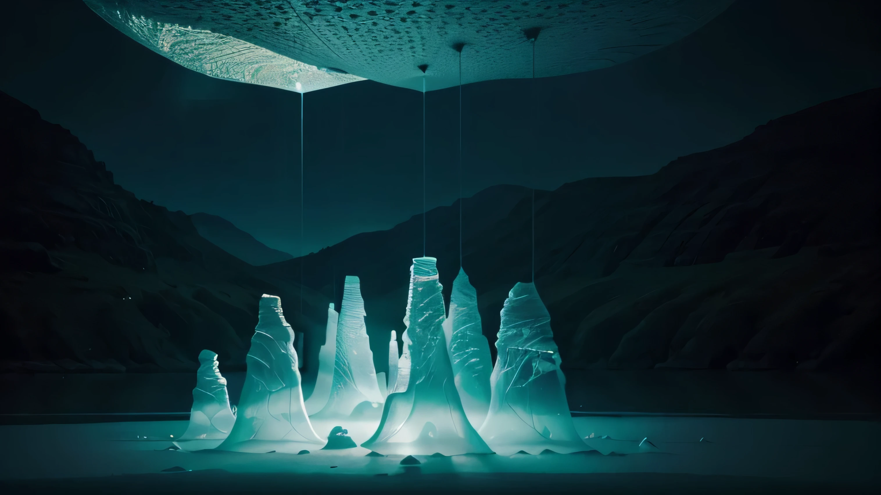 "A surreal landscape of floating, translucent shapes, glowing with otherworldly light"