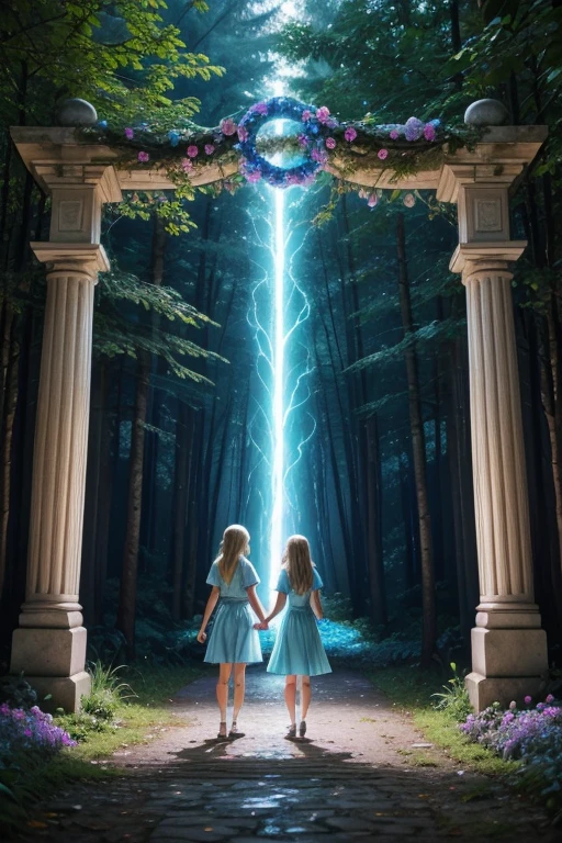 "Illustration of Zezinho and his blue-eyed friend Lila holding hands, passing through a magical portal made of luminous flowers at the entrance to the Enchanted Forest. Zezinho and Lila are amazed. Zezinho has short brown hair, wears a red t-shirt and denim shorts. Lila has long, blonde hair, wears a light blue dress. The portal shines brightly with vibrant colors and the forest in the background looks magical with trees with colorful leaves."