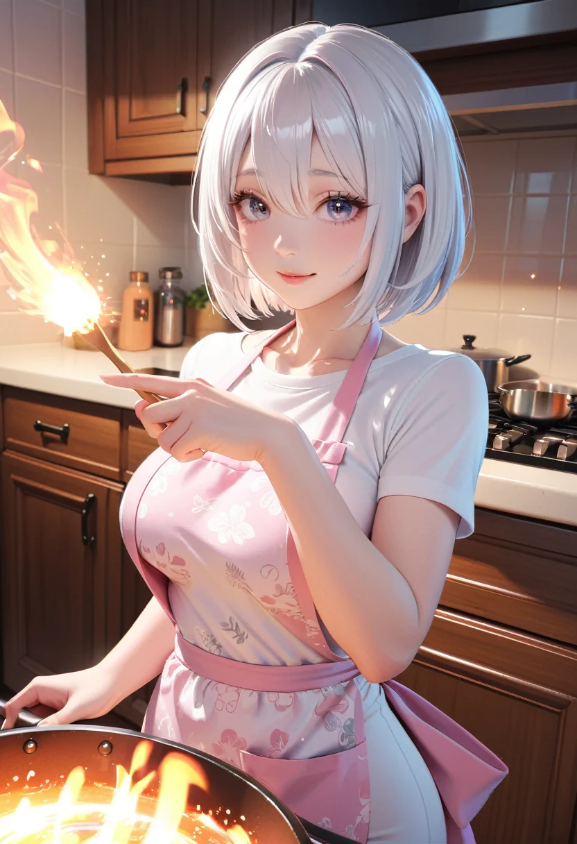 glowing particles, ambient lights, cute, pastel art, full body detailed, 4K, hdr, high details, perfect lighting, perfect anatomy, (shiny silver hair, bob cut, bang between eyes, beautiful hair), (glossy silver eyes:1.5), (beautiful eyes, twinkle eyes, large eyes, close eyes), (athlete body,large breasts), cute face, beautiful face, pretty face, beautiful, best quality, good anatomy,long eyelashes, expressive eyes, Perfect Hands, perfecteyes, pink botanical print apron, white shirt, short sleeves, oven on fire, kitchen, cooking,