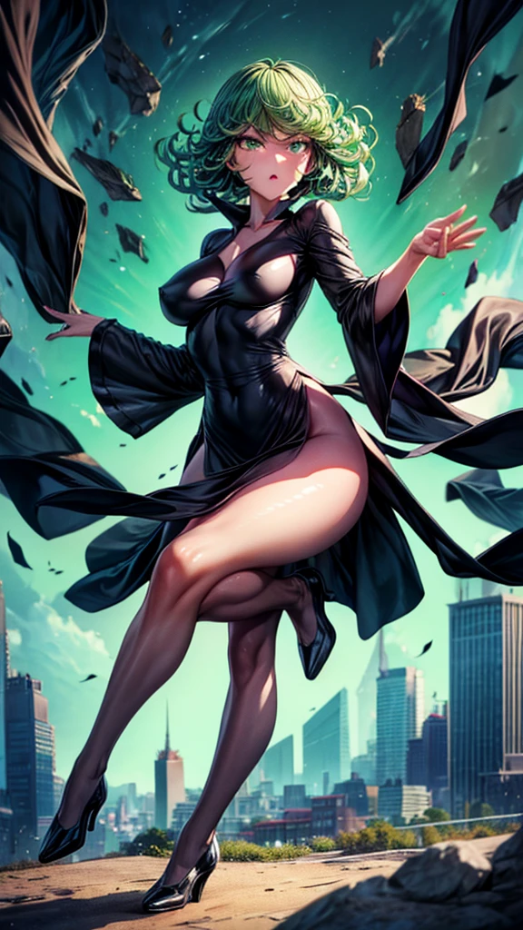 (high res, 8K, masterpiece, looking at viewer, best quality, very aesthetic, ultra detailed, ultra background, ultra Eyes), intricate details, 1girl, Tatsumaki, Green Short Hair, Green Eyes, wearing a form-fitting black V-neck dress with a high collar, long trumpet sleeves, and four high-cut leg slits with a pointed toe that showed off her beautiful long legs and black low-heeled shoes, Green Aura, floating in the air, floating rocks, angry face, Background Destroyed City, City, Cinematic Angle