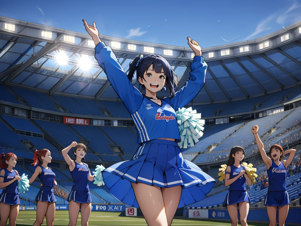 cheer for women in blue clothes, at the stadium