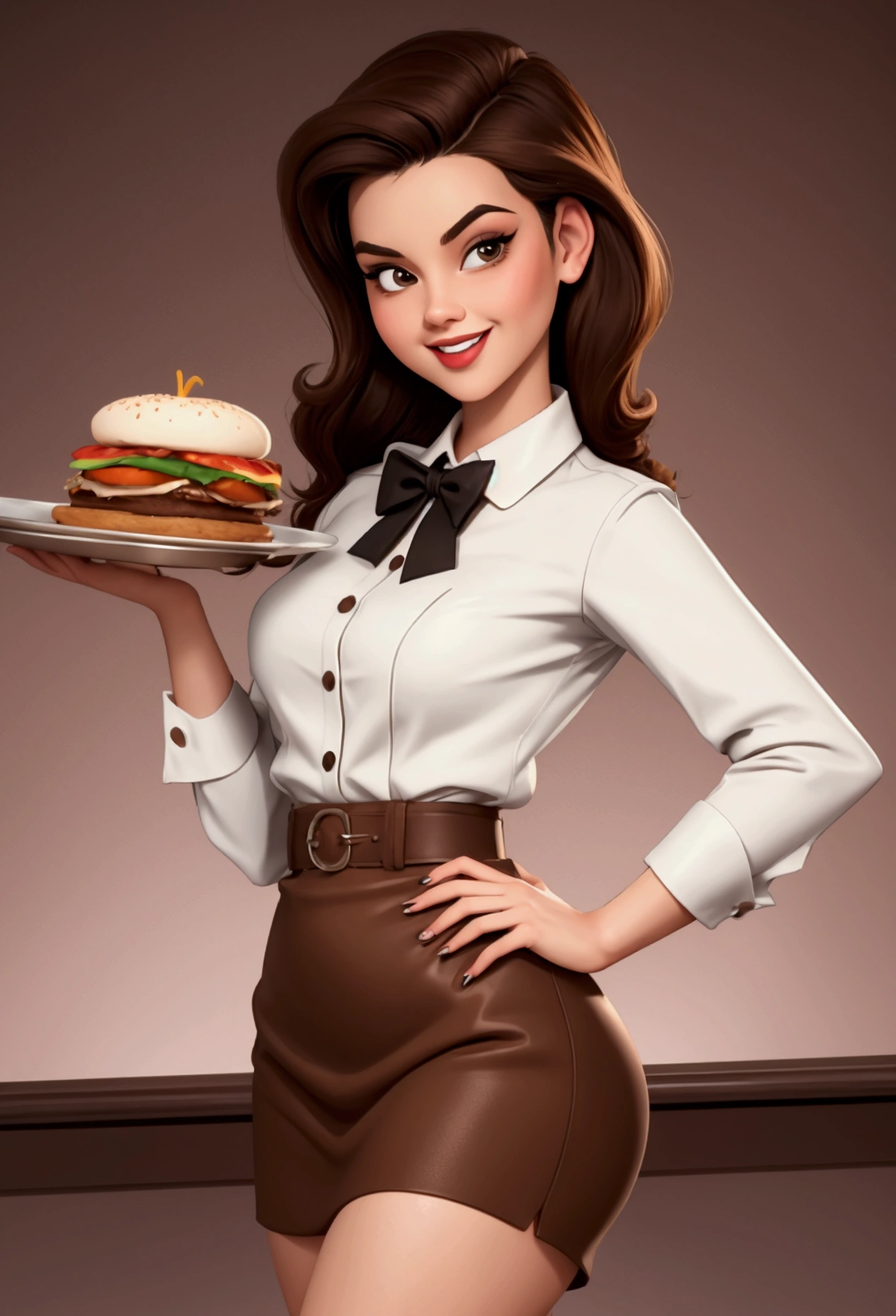 masterpiece, best image, Pop art culture style, pulp style , BREAK, 1 woman, a 20 year old woman, standing,Brown hair, Brown eyes, wearing formal waitress clothes, in retro style, looking friendly at the viewer, His two hands holding a restaurant tray, (plain background), smiling, polite, inviting the viewer to buy, little bust, respectful looking straight ahead, only waist up, NOTHING SENSUAL