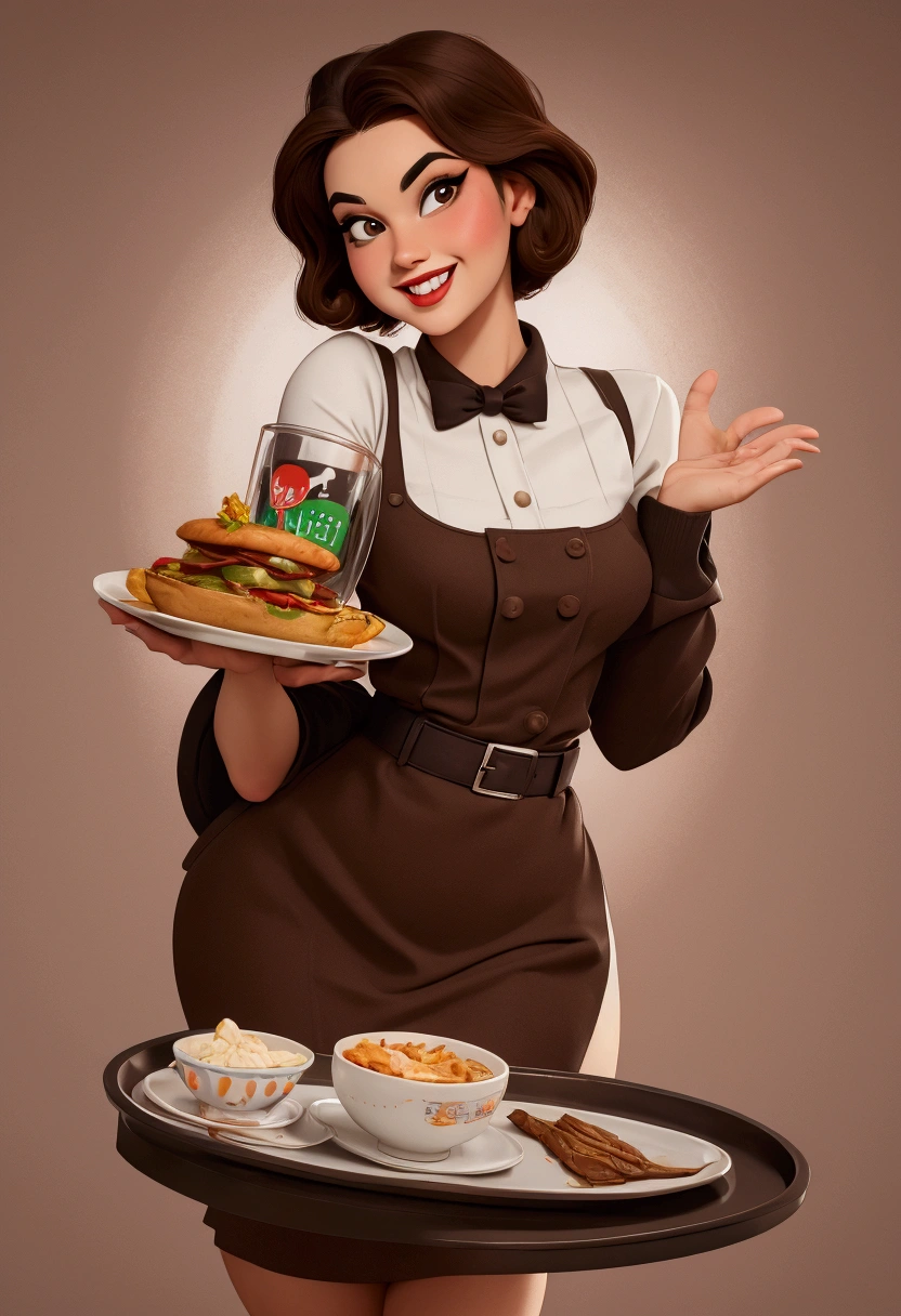 masterpiece, best image, Pop art culture style, pulp style , BREAK, 1 woman, a 20 year old woman, standing,Brown hair, Brown eyes, wearing formal waitress clothes, in retro style, looking friendly at the viewer, His two hands holding a restaurant tray, (plain background), smiling, polite, inviting the viewer to buy, little bust, respectful looking straight ahead, only waist up, NOTHING SENSUAL
