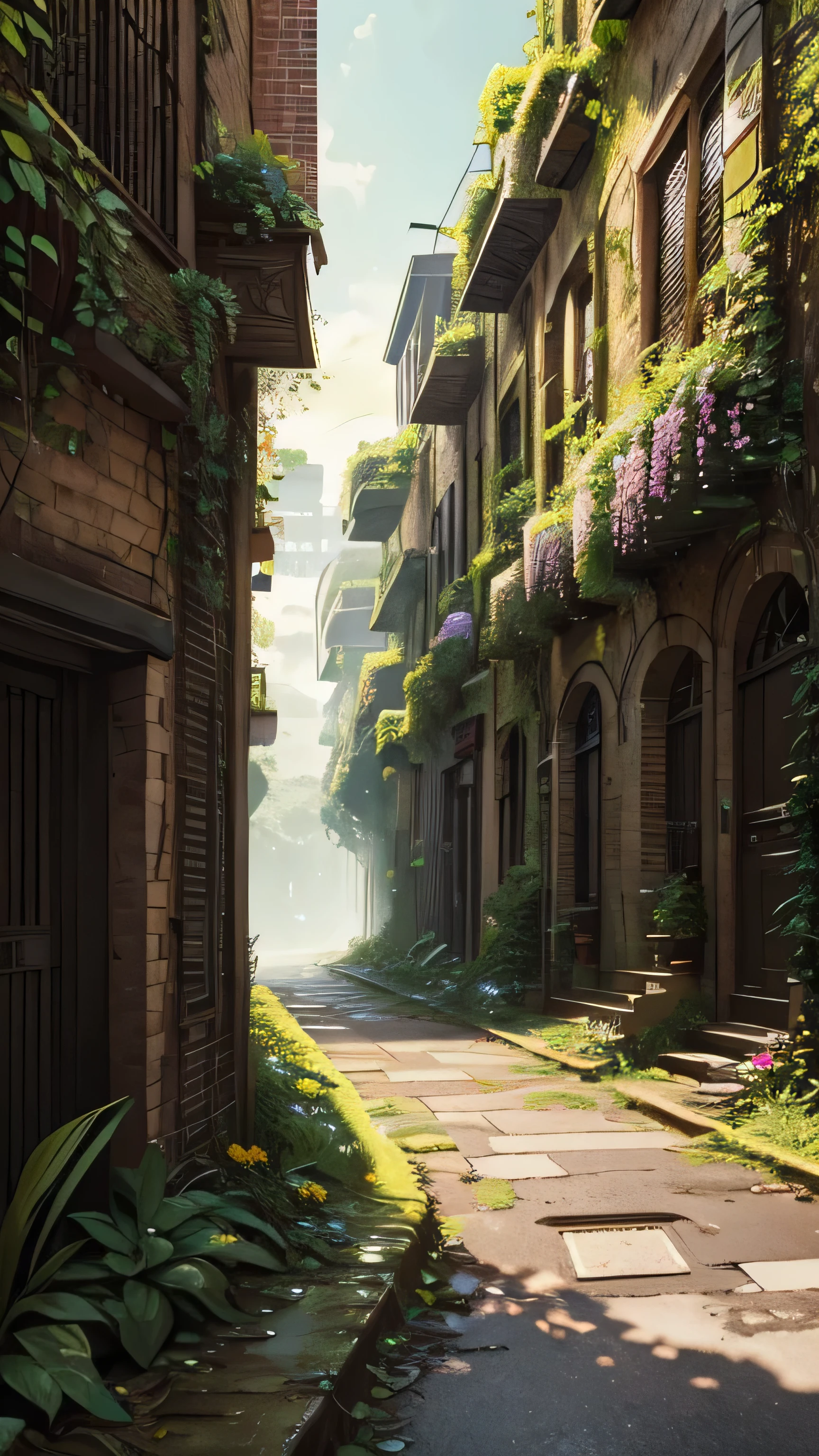 a lush overgrown city street, wild colorful flowers blooming through cracks in the pavement, verdant vegetation spilling over old brick buildings, dense foliage forming a natural green corridor, intricate architectural details, warm golden hour lighting, detailed cinematic composition, moody atmospheric tones, photorealistic, 8k, masterpiece