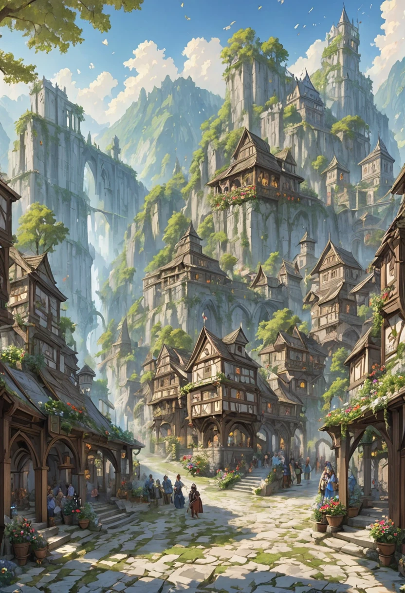 middle Ages　 Fantasy RPG Landscape Stone City Landscape　 A lot of people　bard　bar