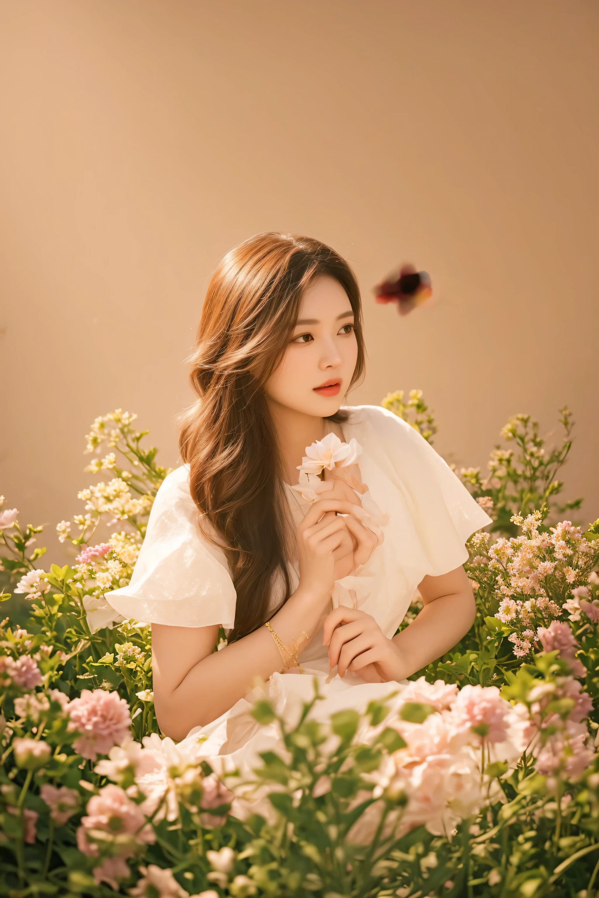 there is a woman sitting in a field of flowers holding a flower, with flowers, hoang long ly, dang my linh, woman in flowers, mai anh tran, with bloom ethereal effects, with frozen flowers around her, nivanh chanthara, by Tan Ting-pho, portrait image, photoshoot, female portrait with flowers, girl in flowers