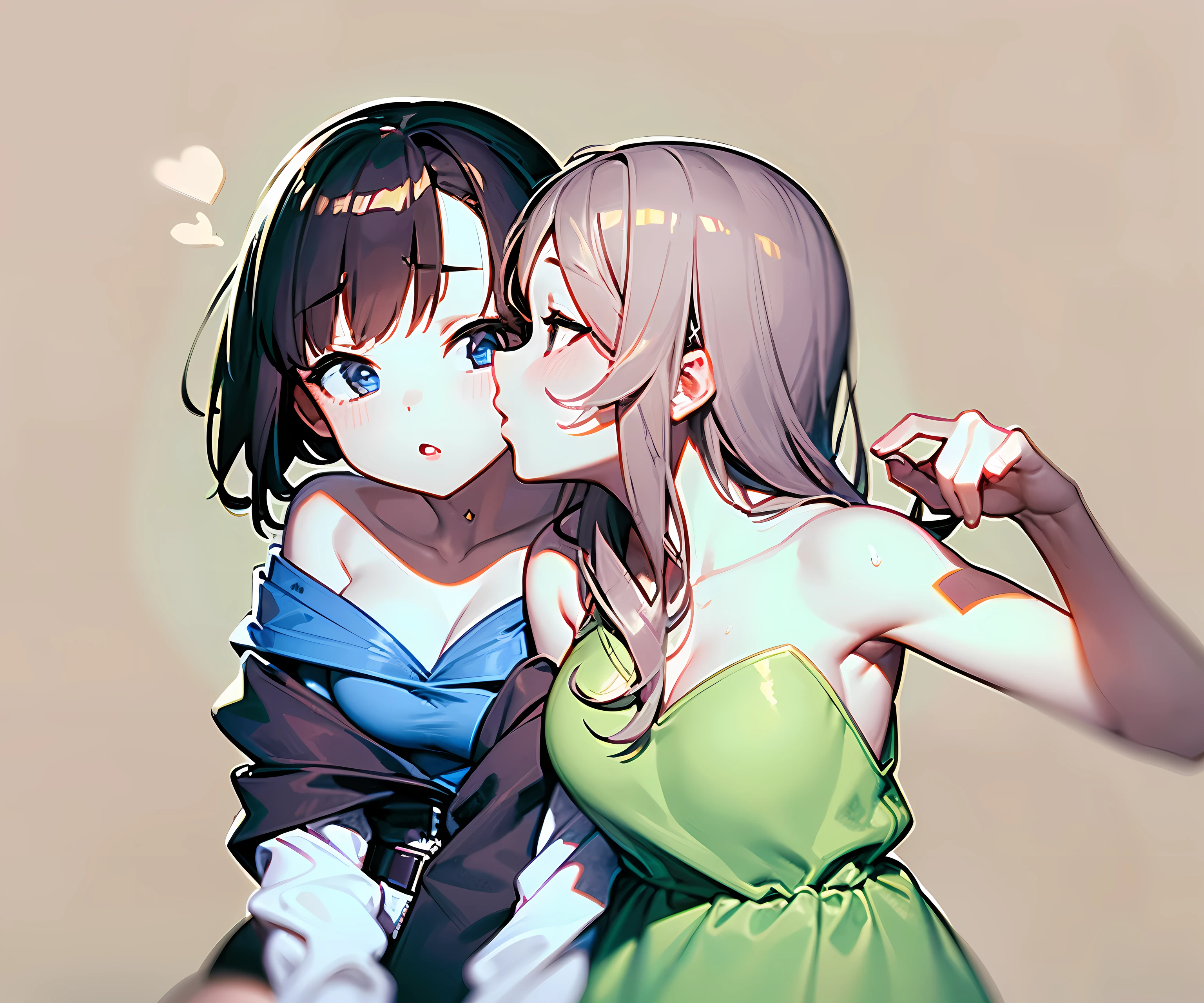 2girls, kissing cheek, strapless, puckered lips, lips, closed mouth,cleavage, sideboob, armpit crease, tight clothes, sweat, wet clothes , masterpiece, best quality, absurdres, girl kissing girl on cheek, dynamic lighting, lighting effect, 