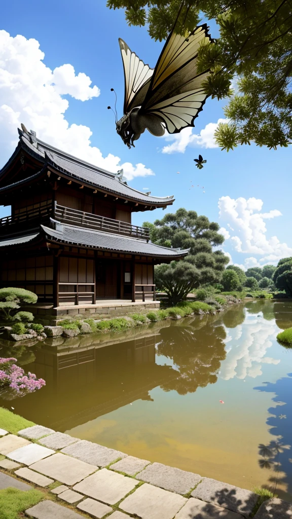 Huge tree，florals，rios，Huge watermill , [(White background:1.5)::5], Medium Shot Shot, butterflys,Petals floating in water,steins,Cloud,setting sun,Dusk,House under the tree，Japanese-style architecture, At the back of the house is 1 black (DRAGON) mixed with silver, eyes staring forward with a sharp gaze 
