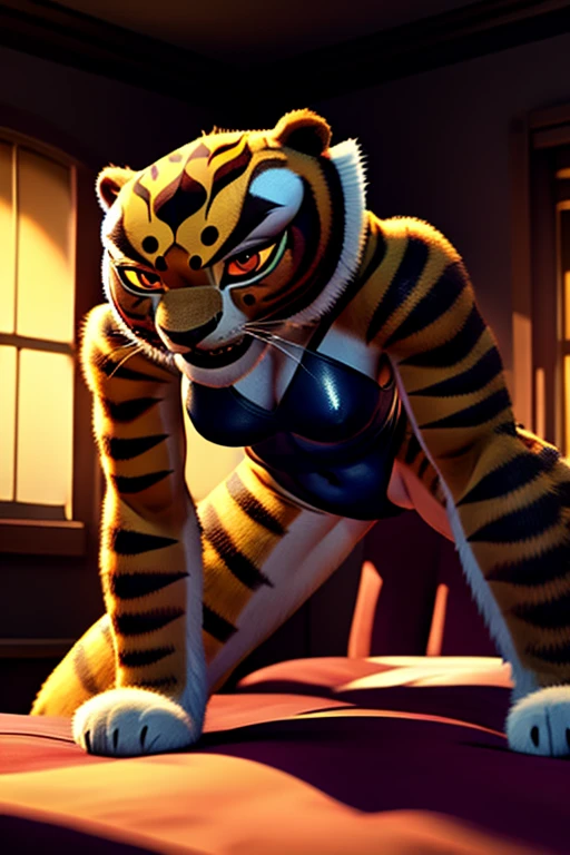 A muscular tigress girl with a 3:1 hip to leg ratio, wearing a leotard, lying in bed in a bright bedroom, medium breasts, extremely detailed facial features, bright cinematic lighting, photorealistic, 8K, hyper detailed, masterpiece, detailed and dynamic sex positions, ah ah ah ah!, on all fours, DreamWorks animated style