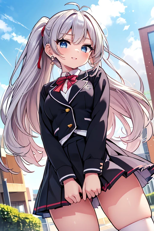 #Basics A girl is posing for a photo, animeのかわいい女の子,  ((One Girl)), (((Baby Face:1.2)) + ((cute:1.3))), 
break 

#Clothing Accessories 
((school uniform)) : ((A school blazer with a black base and white accents)) + ((Red base with white checkered pleated skirt)) + (A tie with a red base and blue diagonal lines) + ((White knee-high socks)) + (Brown Loafers),  
((Red earrings)), 
break 

#Features 
(((Silver Hair)), (Chest-length sideburns), Hair blowing in the wind, (ponytail : Long Hair + Curly hair + Hair that bounces out + Voluminous Hair + Tied up with red string ribbon)), 
((Droopy eyes), blue eyes), (Small breasts), 
break 

#background environment 
((noon + Sunshine + School playground)), 
#Facial Expression Pose  
(smile, Fun expression, Smiling face), ((Put your hands behind your head, I can&#39;t help but laugh)), 
#composition 
((Face the camera, (Focus from below), Cowboy Shot)), 
break 

#Body parts elements 
(Slim figure), 
(Detailed Hair, Beautiful Hair, Shiny Hair), 
(double eyelid, Long eyelashes), 
(Expression of fine eyes, Beautiful and delicate eyes, Sparkling eyes, Eye Reflexes, Glitter Eyeliner), 
(Human Ear), 
(Beautiful Nose, Thin Nose), 
(Glossy Lips, Beautiful Lips, Thick lips), (Symmetrical facial features), 
(Detailed skin, Textured skin, Beautiful Skin), 
break 

#Quality Image Quality Common 
(((Highest quality)), ((masterpiece)), ((Very detailed))), ((Ultra-high resolution)), ((16K, 1080P)), ((FHD)), 
(Anatomically correct), (Realistic), (3DCG), (oil), 
#Quality image illustration 
((comics, anime)), CG illustration,
