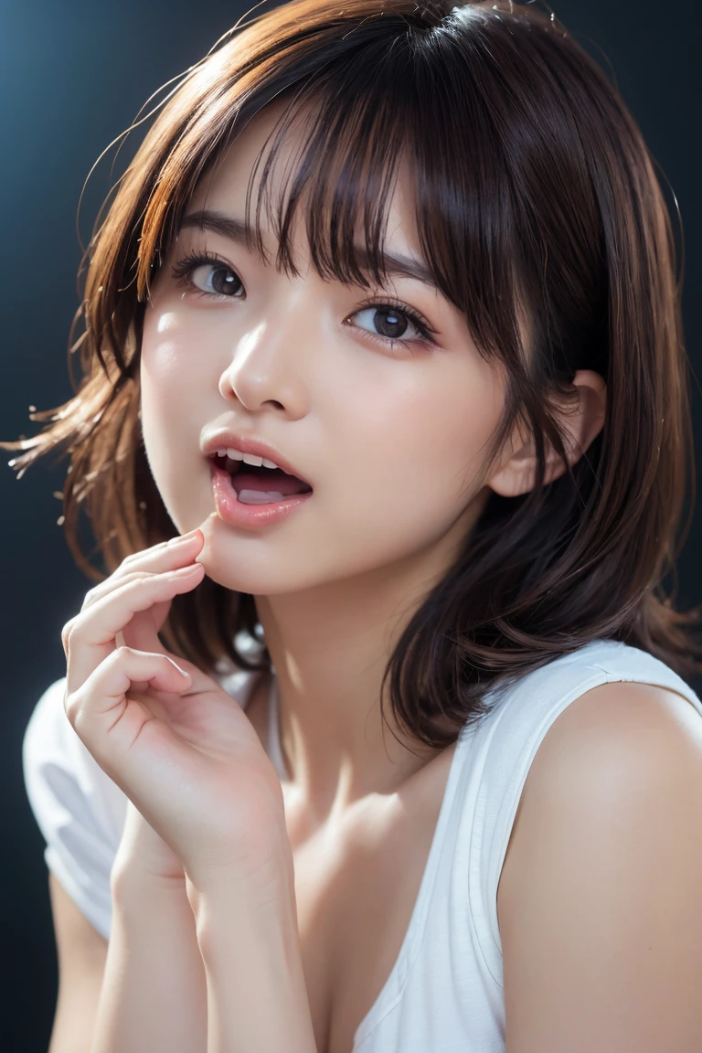 (masterpiece), ((最high quality)), (masterpiece,最high quality,Official Art,Highly detailed CG Unity 8K wallpapers)、Beautiful Japanese Woman、Detailed face、Smooth Skin、Calm expression、high quality、Realistic、((Hollow Eyes:1.6))、Captivating smile、((Please open your mouth wide:1.7))、Looking up at the audience:1.4、((Put one hand over your mouth))、Big Breasts、Redhead