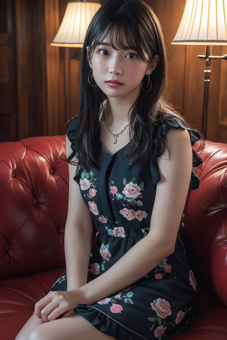 (Highest quality:1.4),(masterpiece:1.4),(Realistic:1.4),(Realistic:1.2),(超High resolution, RAW Photos:1.4),(High resolution, Ultra-detailed:1.2),(8k:1.2),View your viewers,Cinematic photography,One girl,skeletally correct,Black-haired woman,Woman in her early 20s,(Small earrings,necklace,Floral frill dress),(Western-style building interior,Dimly lit room,The lamplight shines on my cheeks,Sit on the sofa)