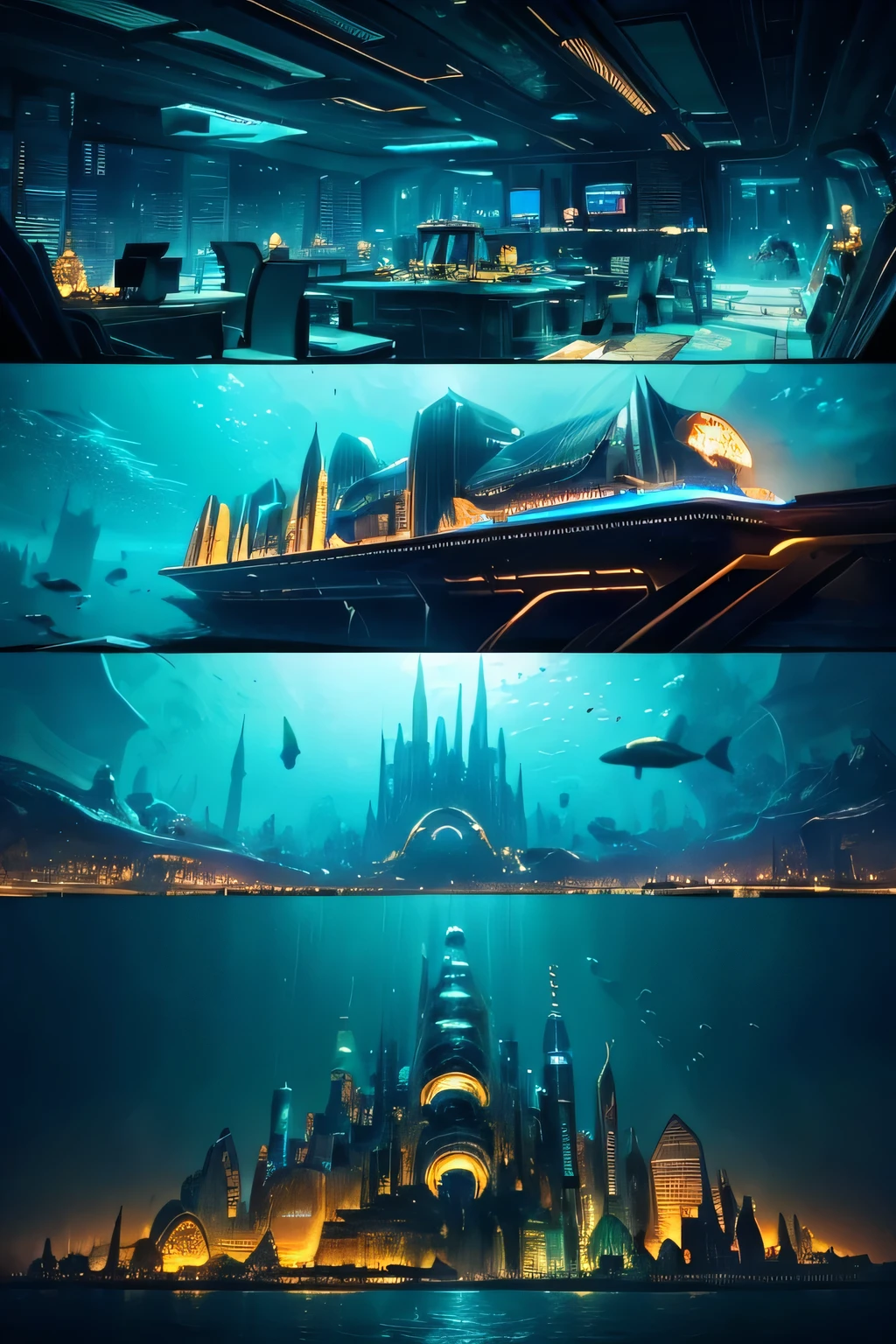 a highly detailed underwater city, a futuristic underwater metropolis, a technologically advanced underwater civilization, a sprawling underwater urban landscape, an intricate network of futuristic underwater skyscrapers and buildings, a submerged city with gleaming towers and domes, a surreal aquatic metropolis with luminescent architecture, an underwater utopia with a vibrant marine ecosystem, a visually stunning underwater cityscape, a majestic underwater city with an otherworldly aesthetic, a breathtaking underwater city with a sense of scale and grandeur, a mysterious and captivating underwater urban environment, a fantastical underwater city with a sense of wonder and discovery, a submerged technological marvel with intricate details, a serene yet awe-inspiring underwater metropolis, a stunning underwater cityscape with a sense of depth and perspective, a futuristic underwater city with a blend of organic and synthetic elements, a captivating underwater cityscape with a sense of architectural elegance, a visually stunning underwater city with a sense of depth and realism, a technologically advanced underwater city with a sense of futuristic wonder, a highly detailed and photorealistic underwater city, (best quality, 8k, highres, masterpiece: 1.2), (realistic, photorealistic, photo-realistic: 1.37), intricate details, hyper-realistic, cinematic lighting, dramatic lighting, volumetric lighting, aquatic, underwater, aquatic landscape, aquatic architecture, futuristic, sci-fi, concept art, digital art, surreal, fantastical, detailed, vivid colors, vibrant colors, striking colors, dramatic colors