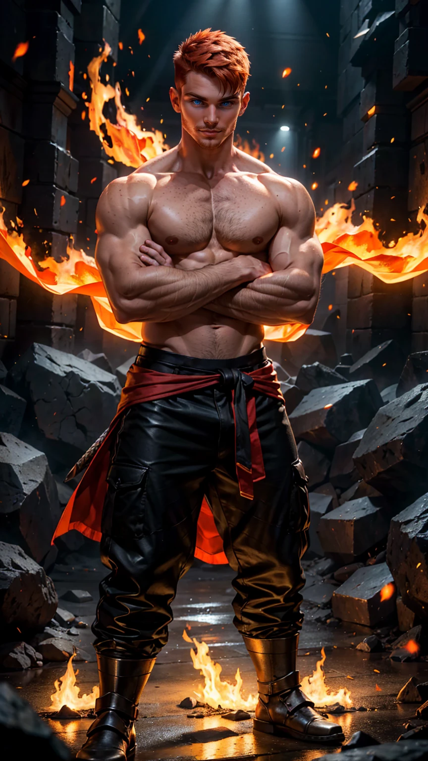 High detail: 1.2 8K: 1.2 Better illumination: 1.2
A strong twink man, muscular with short, orange undercut hair and freckles, stands in a battle-ready stance with his arms crossed. He is shirtless, revealing his well-defined torso and arms. He wears fitted pants adorned with flame patterns in red and black. His smooth, well-groomed underarms are visible. In his right hand, he wields a gleaming katana, its blade reflecting the fiery ambiance of the scene. His gaze is directed straight ahead with a fierce, determined intensity. The background is ablaze with warm hues of red, orange, and gold, creating a dramatic and intense atmosphere with flames flickering and casting dynamic shadows. The ground is covered in glowing embers and ash, reflecting the fiery nature of his element. The image is rendered in a photorealistic, hyper-realistic 8k style, with vibrant HDR and chiaroscuro lighting that highlights the fiery energy and motion of the scene, accentuating his commanding presence and readiness for battle.