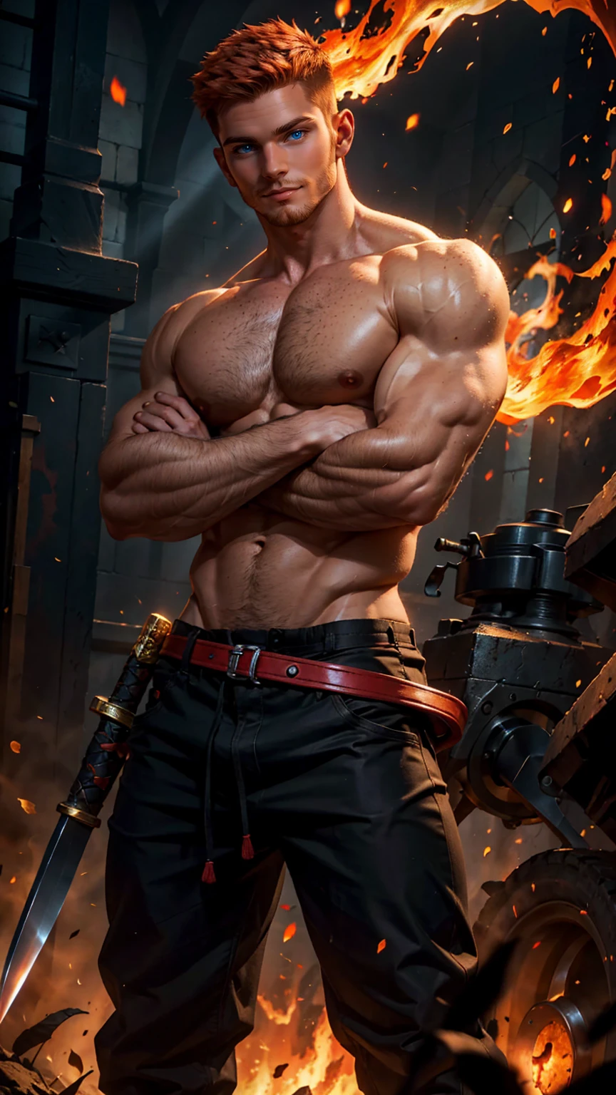 High detail: 1.2 8K: 1.2 Better illumination: 1.2
A strong twink man, muscular with short, orange undercut hair and freckles, stands in a battle-ready stance with his arms crossed. He is shirtless, revealing his well-defined torso and arms. He wears fitted pants adorned with flame patterns in red and black. His smooth, well-groomed underarms are visible. In his right hand, he wields a gleaming katana, its blade reflecting the fiery ambiance of the scene. His gaze is directed straight ahead with a fierce, determined intensity. The background is ablaze with warm hues of red, orange, and gold, creating a dramatic and intense atmosphere with flames flickering and casting dynamic shadows. The ground is covered in glowing embers and ash, reflecting the fiery nature of his element. The image is rendered in a photorealistic, hyper-realistic 8k style, with vibrant HDR and chiaroscuro lighting that highlights the fiery energy and motion of the scene, accentuating his commanding presence and readiness for battle.