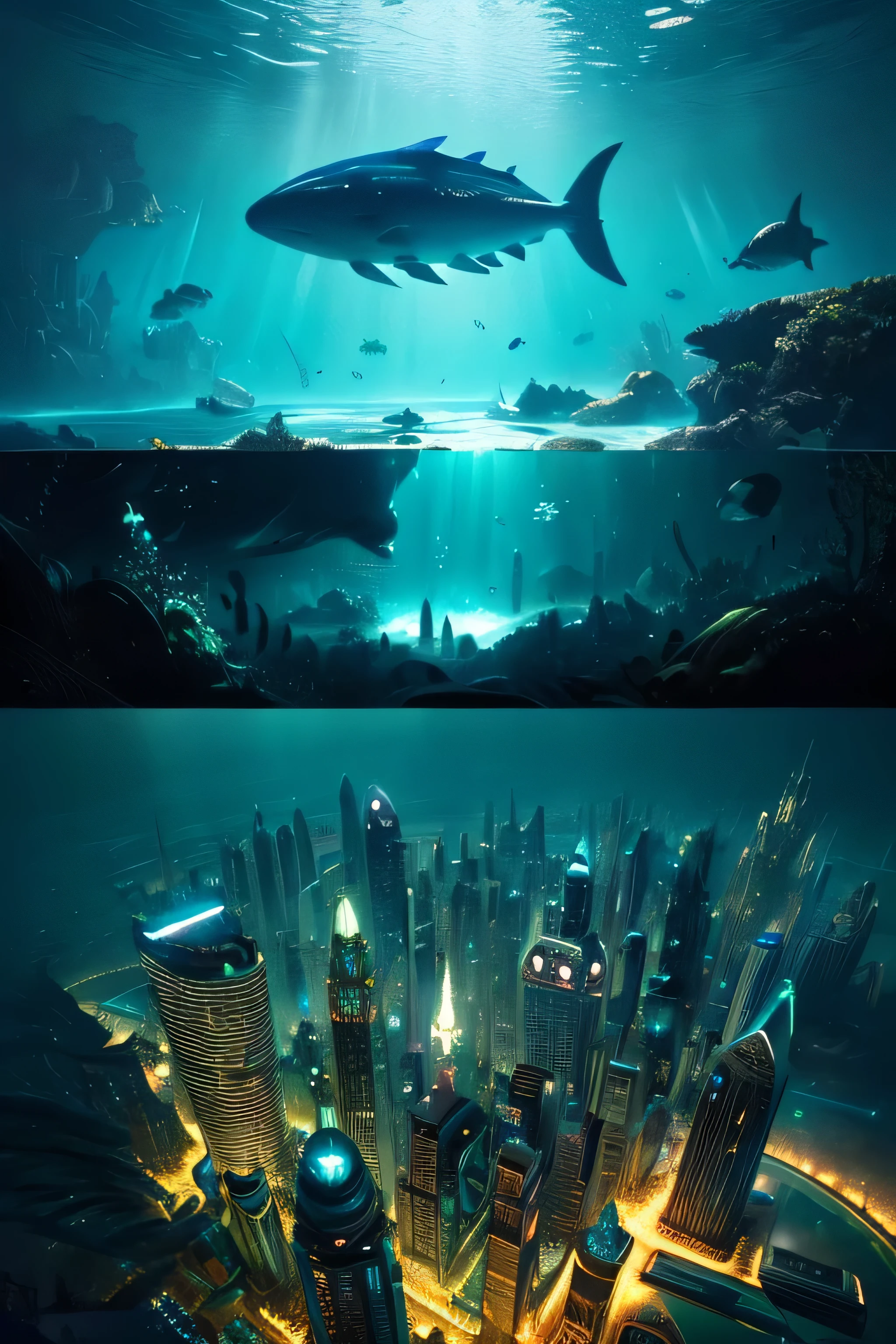 a highly detailed underwater city, a futuristic underwater metropolis, a technologically advanced underwater civilization, a sprawling underwater urban landscape, an intricate network of futuristic underwater skyscrapers and buildings, a submerged city with gleaming towers and domes, a surreal aquatic metropolis with luminescent architecture, an underwater utopia with a vibrant marine ecosystem, a visually stunning underwater cityscape, a majestic underwater city with an otherworldly aesthetic, a breathtaking underwater city with a sense of scale and grandeur, a mysterious and captivating underwater urban environment, a fantastical underwater city with a sense of wonder and discovery, a submerged technological marvel with intricate details, a serene yet awe-inspiring underwater metropolis, a stunning underwater cityscape with a sense of depth and perspective, a futuristic underwater city with a blend of organic and synthetic elements, a captivating underwater cityscape with a sense of architectural elegance, a visually stunning underwater city with a sense of depth and realism, a technologically advanced underwater city with a sense of futuristic wonder, a highly detailed and photorealistic underwater city, (best quality, 8k, highres, masterpiece: 1.2), (realistic, photorealistic, photo-realistic: 1.37), intricate details, hyper-realistic, cinematic lighting, dramatic lighting, volumetric lighting, aquatic, underwater, aquatic landscape, aquatic architecture, futuristic, sci-fi, concept art, digital art, surreal, fantastical, detailed, vivid colors, vibrant colors, striking colors, dramatic colors