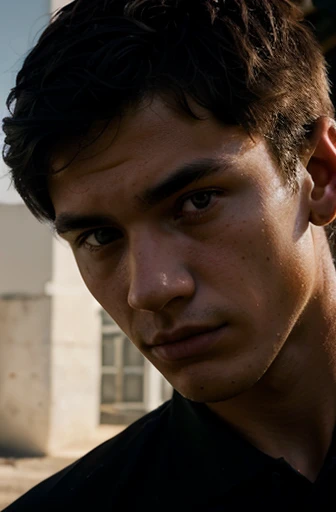 Raw photo of 17-year-old man, beautiful face, wearing a black polo, serious face, hard shadows, cinematic shot, dramatic lighting half face photo