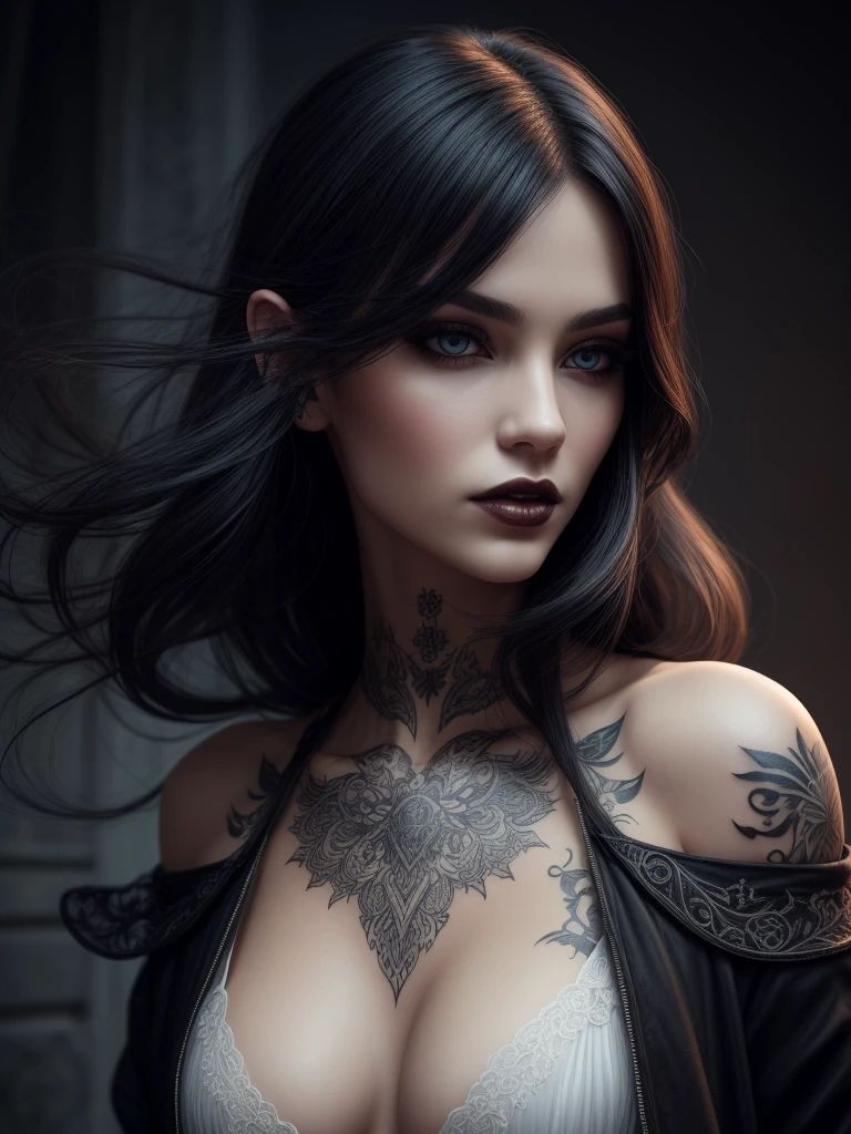 Insanely detailed photograph of a gorgeous vampire man, goth Renaissance, long voluminous white hair, intricate white eyes, fantastical, vampire, ethereal, hyperdetailed, 32k resolution, dynamic lighting, hyperdetailed, intricately detailed, trending on Artstation, triadic colors, volumetric lighting, BalenciagaStyle,Woman with Casual white clothes, long black hair, medium breasts, shoulder tattoos of stars