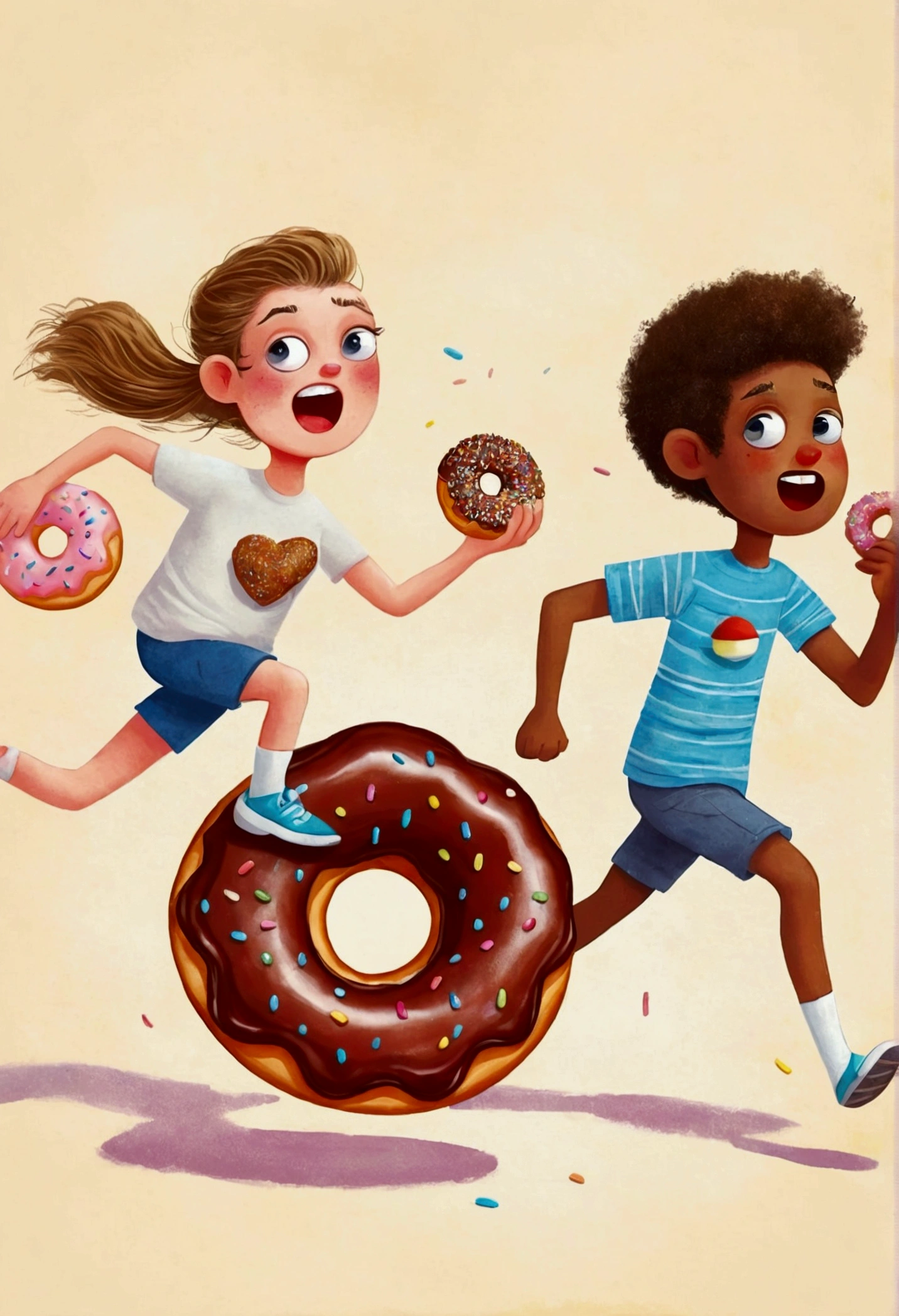 there are two people that are running with a donut, Concept art inspired by Trevor Brown, Shutterstock competition winner, Childish Art, 🪔 🎨;🌞🌄, donut, the mighty donut, funny illustrations, eating a donut, Hand drawn cartoon art style, food illustrations
