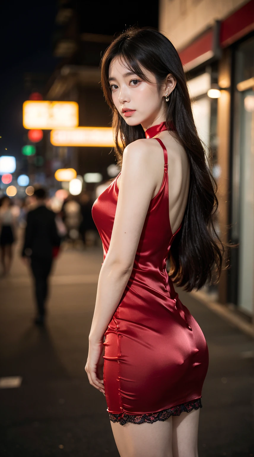 8k，masterpiece，RAW photos，best quality，Detail：1.2），henthal realism，Highly granular CG integration 8k，8k，diamonds and wallpapers，depth of field photography film light，Lens Flash，light tracking，（Very pretty look，beautiful lips，beautiful eyes），A face with intricate details，（（Super Detail Skins））1 girl，Korean Female Model，어둠 속의 어두운 night，deep shadows，pretty korean girl，kpop idol，（very slim, slim and muscular body.：1.3），（View audience），（tight miniskirt），（(red dress:1.4)），（injection sleeve），（도시의 night，（neon sign），（night），Beautiful Korean girl earrings，wristband，choker necklace，Lace-up pantyhose，clear eyes，walk，（pale skin），facing forward，（big eyes），（（Upper body shot）），tight clothes.，((silk dress:1.4))，Lace-up dresses，see through dress，turn around，rear shot，very slim，slander，slander, Crowded city streets:1.3