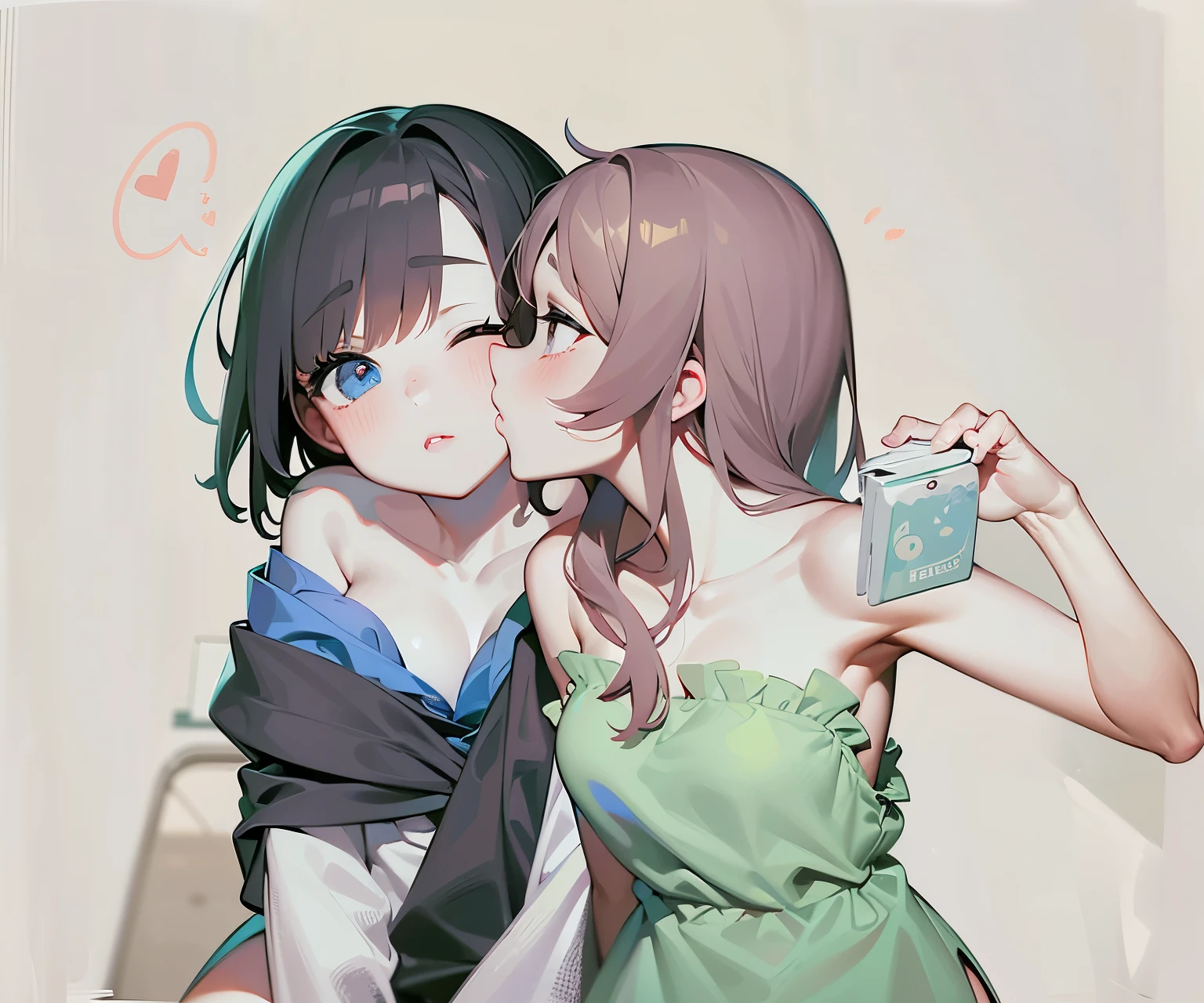 2girls, kissing cheek, strapless, puckered lips, lips, closed mouth, masterpiece, best quality, absurdres, girl kissing girl on cheek, dynamic lighting, lighting effect, large breasts