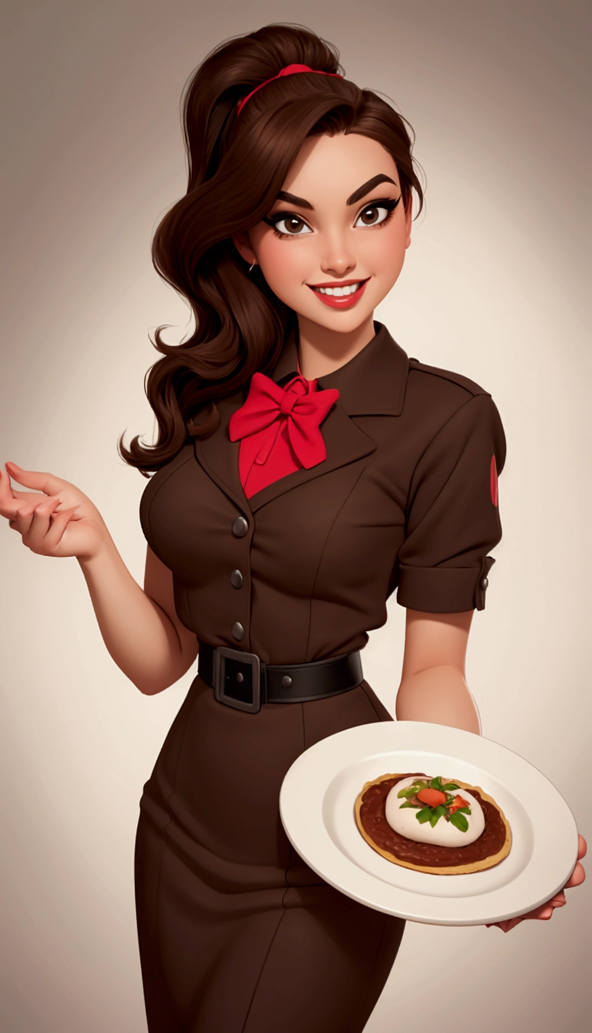 masterpiece, best image, Pop art culture style, pulp style , BREAK, 1 woman, a 20 year old woman, standing,Brown hair, Brown eyes, wearing formal waitress clothes, in retro style, looking friendly at the viewer, His two hands holding a restaurant tray, (plain background), smiling, polite, inviting the viewer to buy, respectful looking straight ahead, only waist up, elegant