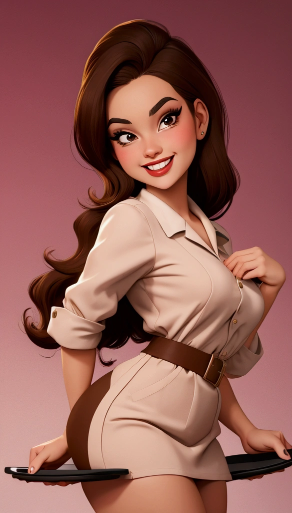 masterpiece, best image, Pop art culture style, pulp style , BREAK, 1 woman, a 20 year old woman, standing,Brown hair, Brown eyes, wearing formal waitress clothes, in retro style, looking friendly at the viewer, His two hands holding a restaurant tray, (plain background), smiling, polite, inviting the viewer to buy, respectful looking straight ahead, only waist up, elegant