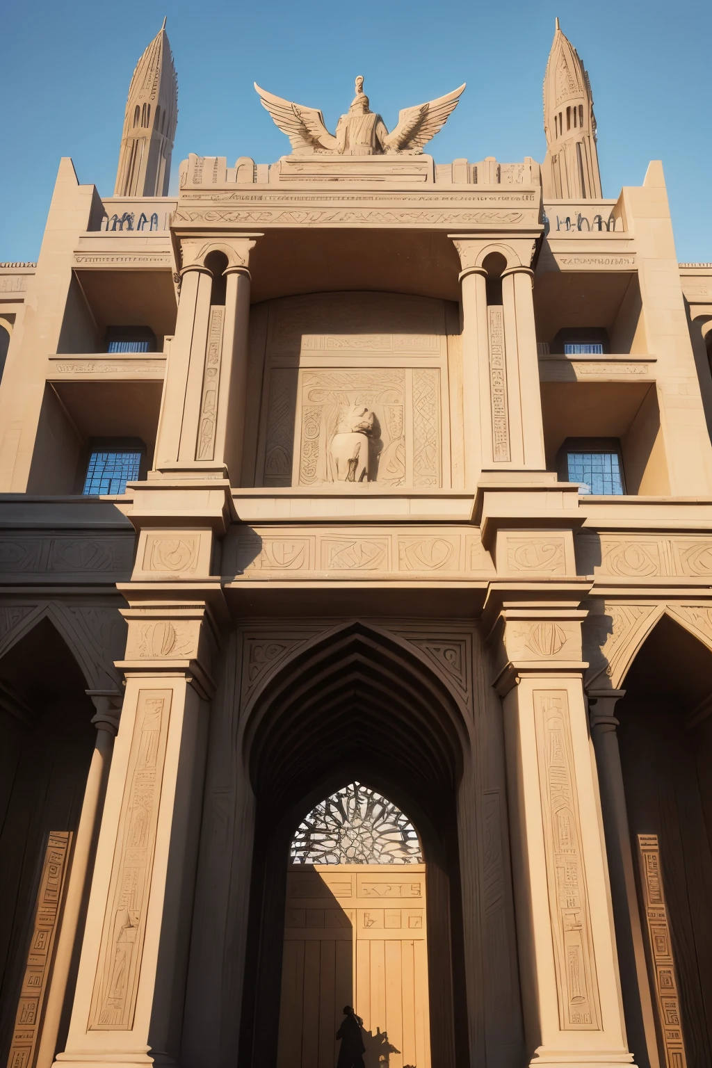 In the heart of a modern metropolis, a mesmerizing structure emerges, defying the ordinary. This contemporary building, inspired by the rich heritage of Mesopotamia, stands tall with profound elegance and depth. The facade, adorned with intricate geometric patterns, echoes the ancient ziggurats, symbolizing the spiritual connection between man and the heavens.
The building's entrance is a majestic archway, carved with the silhouette of a winged lion, a tribute to the iconic guardians of the city gates in Mesopotamian culture. The exterior is clad with gleaming glass and metal, reflecting the vibrant city life, yet