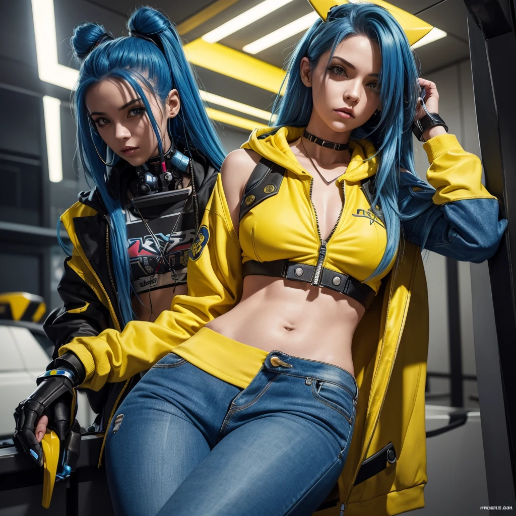 "Create an image of a cyberpunk-style woman with long blue hair, wearing a yellow Pikachu-themed hoodie, partially unzipped to reveal her midriff and a robotic torso. She is also wearing distressed blue jeans. The woman has tattoos on her midriff and lower abdomen, and visible robotic parts integrated into her torso, arms, and neck with metal plating and wiring. Her expression is confident and slightly provocative, and she is posed leaning back with one arm raised, the other at her side. The background is bright yellow to match the hoodie. Use sharp, bright lighting to highlight the metallic and synthetic textures of her cybernetic parts."
