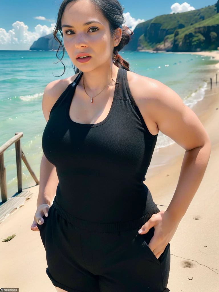 1girl, solo, (uniform), standing, at the beach, beautifully ocean scenery, detailed face, cute face, detailed eyes, thick breasts, smooth realistic skin, black short tight latex tanktop, black latex hot pants, looking at the audience, low angle shot,(8k, RAW photo, best quality, masterpiece: 1.2), (realistic, realistic: 1.37), ultra-high resolution