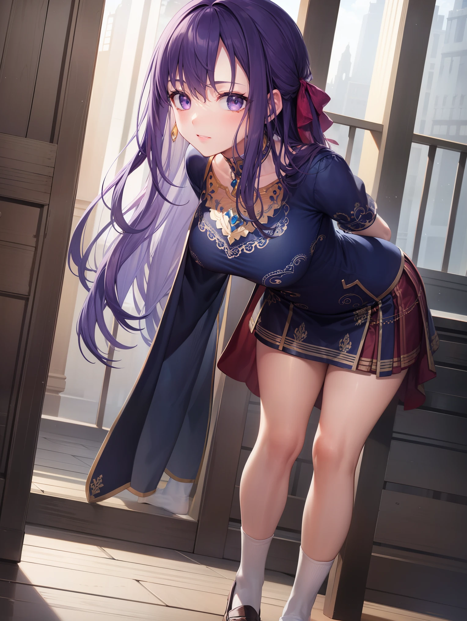 parvati, parvati, long hair, (purple eyes:1.1), purple hair,
BREAK (socks, loafers:1.2),
BREAK looking at viewer,standing, leaning forward, arms behind back,
BREAK outdoors,
BREAK (masterpiece:1.2), best quality, high resolution, unity 8k wallpaper, (illustration:0.8), (beautiful detailed eyes:1.6), extremely detailed face, perfect lighting, extremely detailed CG, (perfect hands, perfect anatomy),