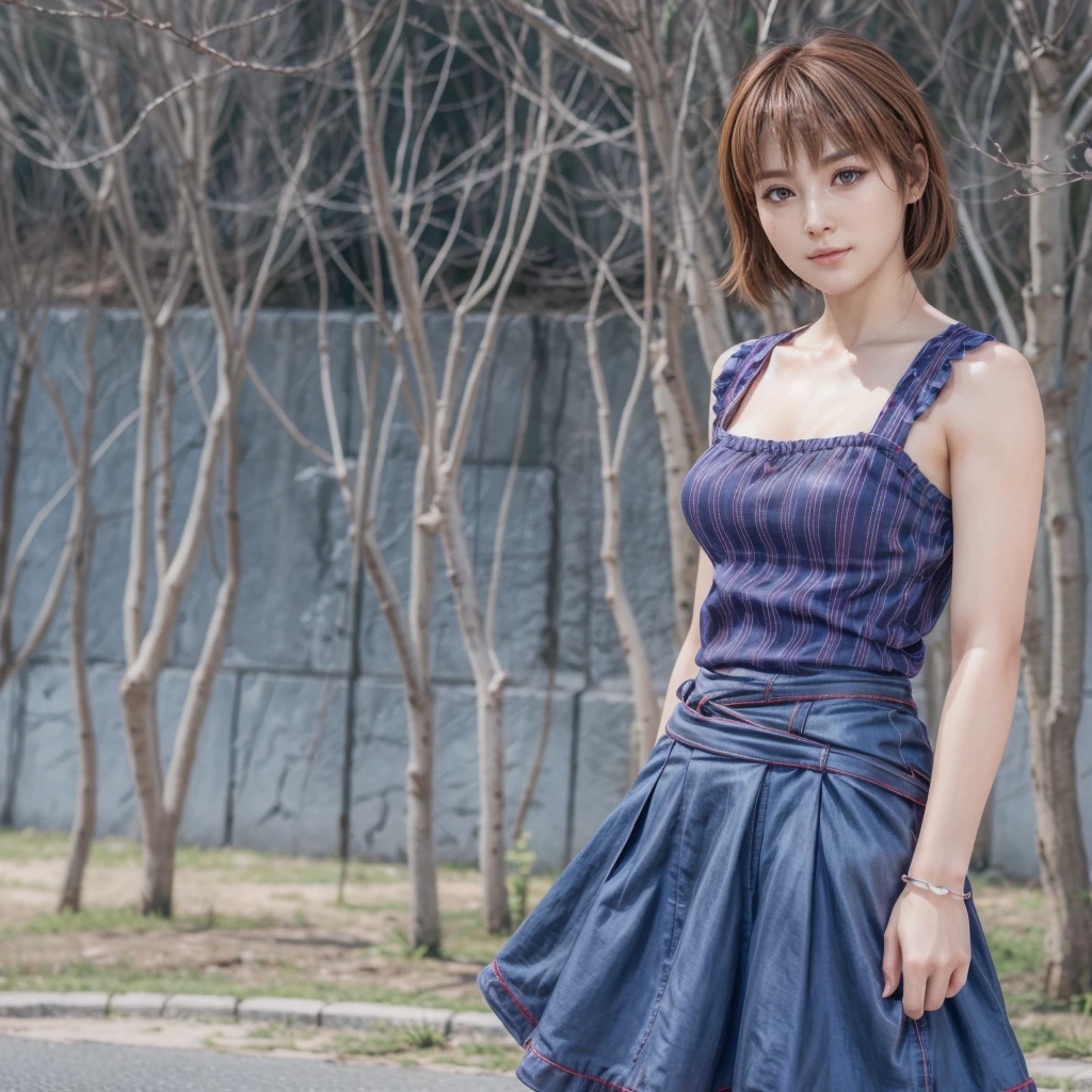 Kasumi, brown eyes, (best quality, ultra-detailed), (realistic:1.37), beautiful and detailed face, ultra-realistic texture, delicate face, delicate body, red lipstick, bright colors. High definition, 8K. expression giving a slight cute smile