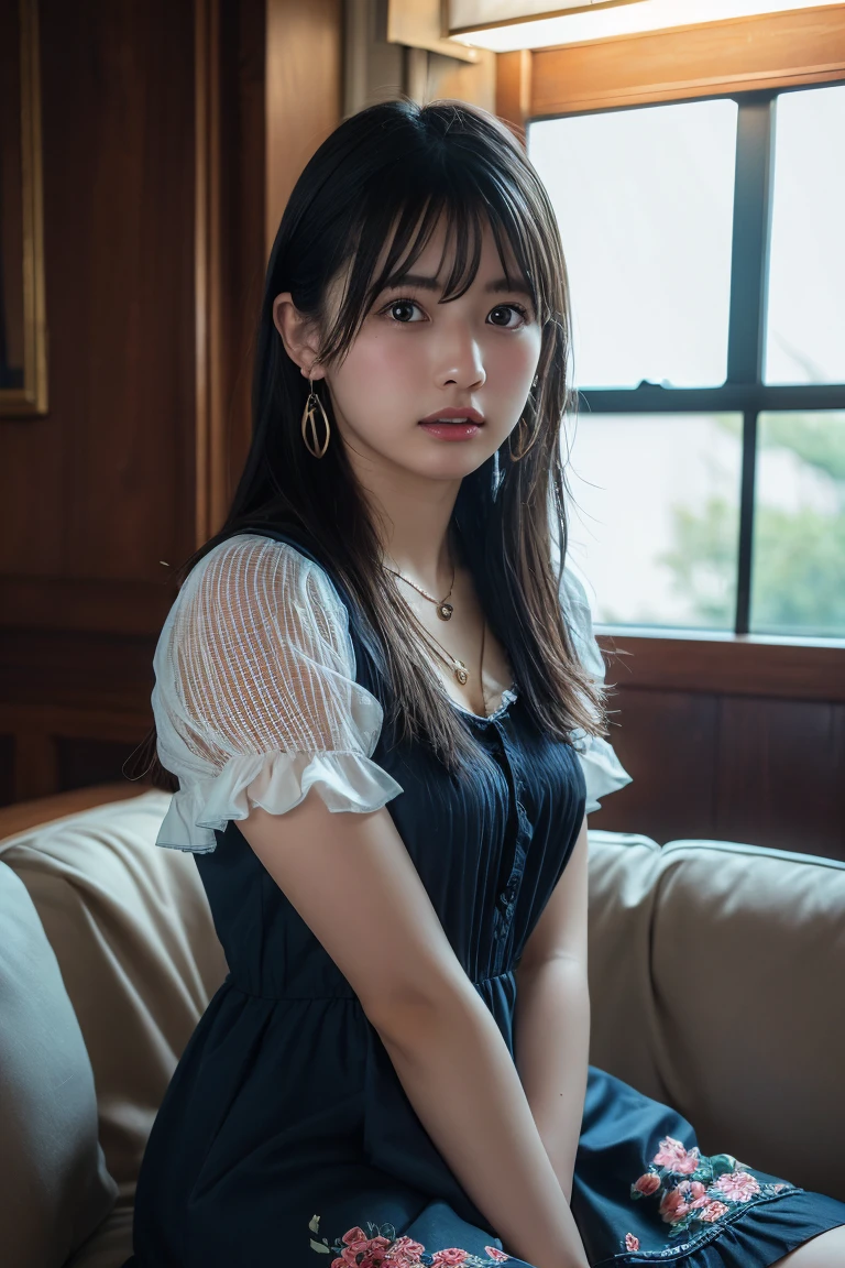 (Highest quality:1.4),(masterpiece:1.4),(Realistic:1.4),(Realistic:1.2),(超High resolution, RAW Photos:1.4),(High resolution, Ultra-detailed:1.2),(8k:1.2),View your viewers,Cinematic photography,One girl,skeletally correct,Black-haired woman,Woman in her early 20s,(Small earrings,necklace,Floral frill dress),(Western-style building interior,Dimly lit room,The lamplight shines on my cheeks,Sit on the sofa)