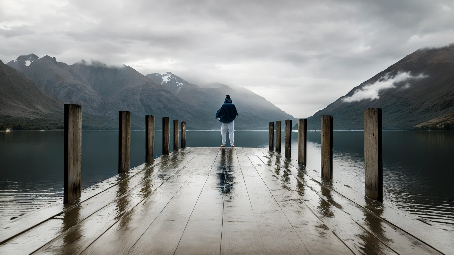 Arab man standing on the pier overlooking the lake, Weathering the Storm, picture, Standing on the water, Gaze at the water, A man sitting on the pier, Unsplash contest winning photos, Looking to the horizon, Standing in the lake, Lost in thought, Standing in the rain, Sit on the wooden dock, Standing by the water