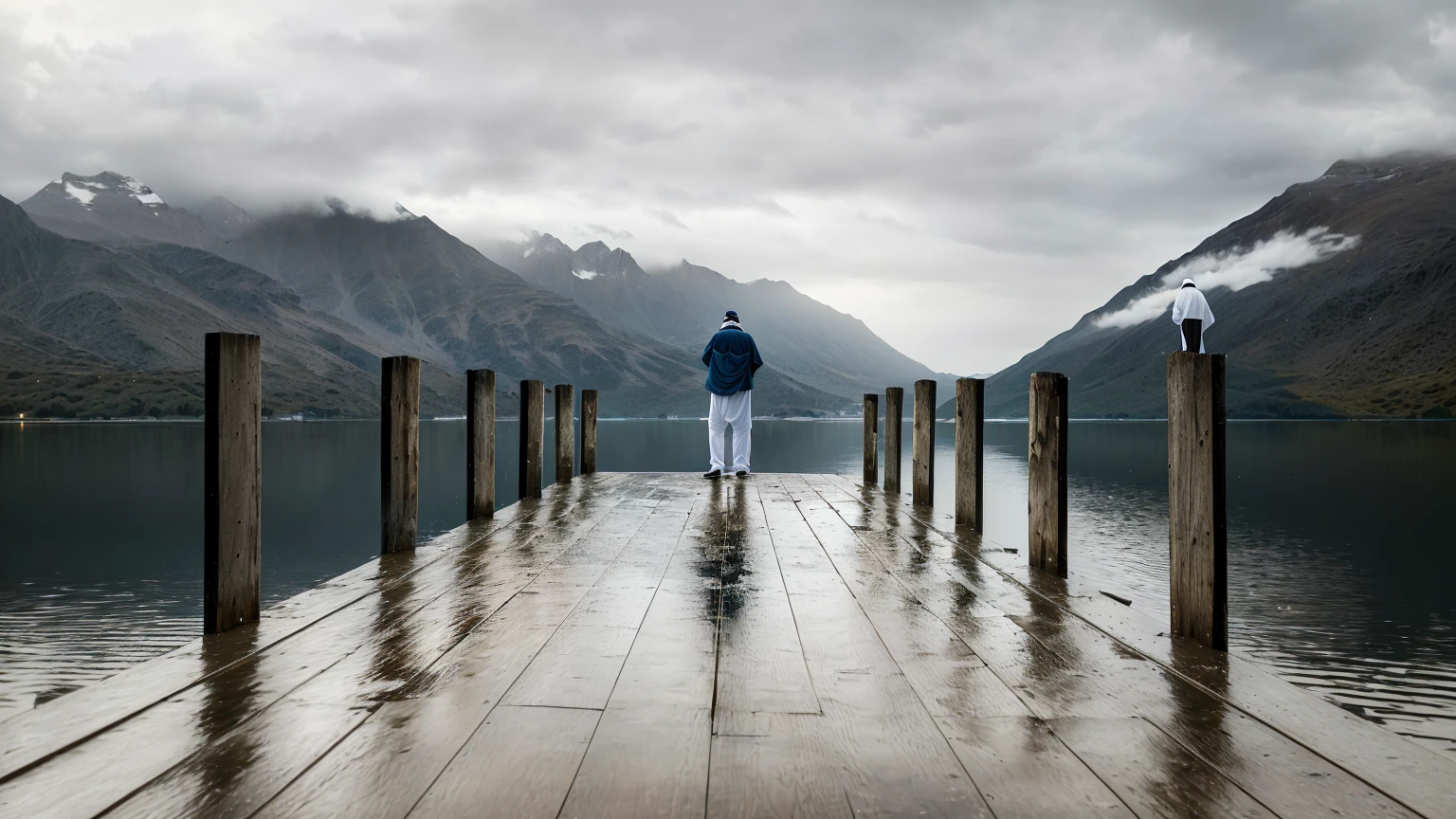 Arab man standing on the pier overlooking the lake, Weathering the Storm, picture, Standing on the water, Gaze at the water, A man sitting on the pier, Unsplash contest winning photos, Looking to the horizon, Standing in the lake, Lost in thought, Standing in the rain, Sit on the wooden dock, Standing by the water
