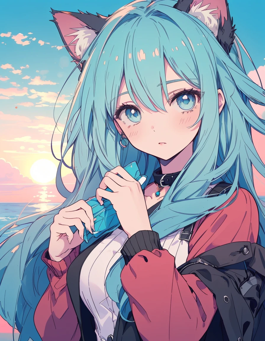 cafe, sunset, writing, thinking, ((masterpiece, best quality:1.5)), ((Beautiful detailed cat aqua eyes:1.2)), cat ears, pale skin, medium breasts, beautiful hands, beautiful fingers, EasyNegative